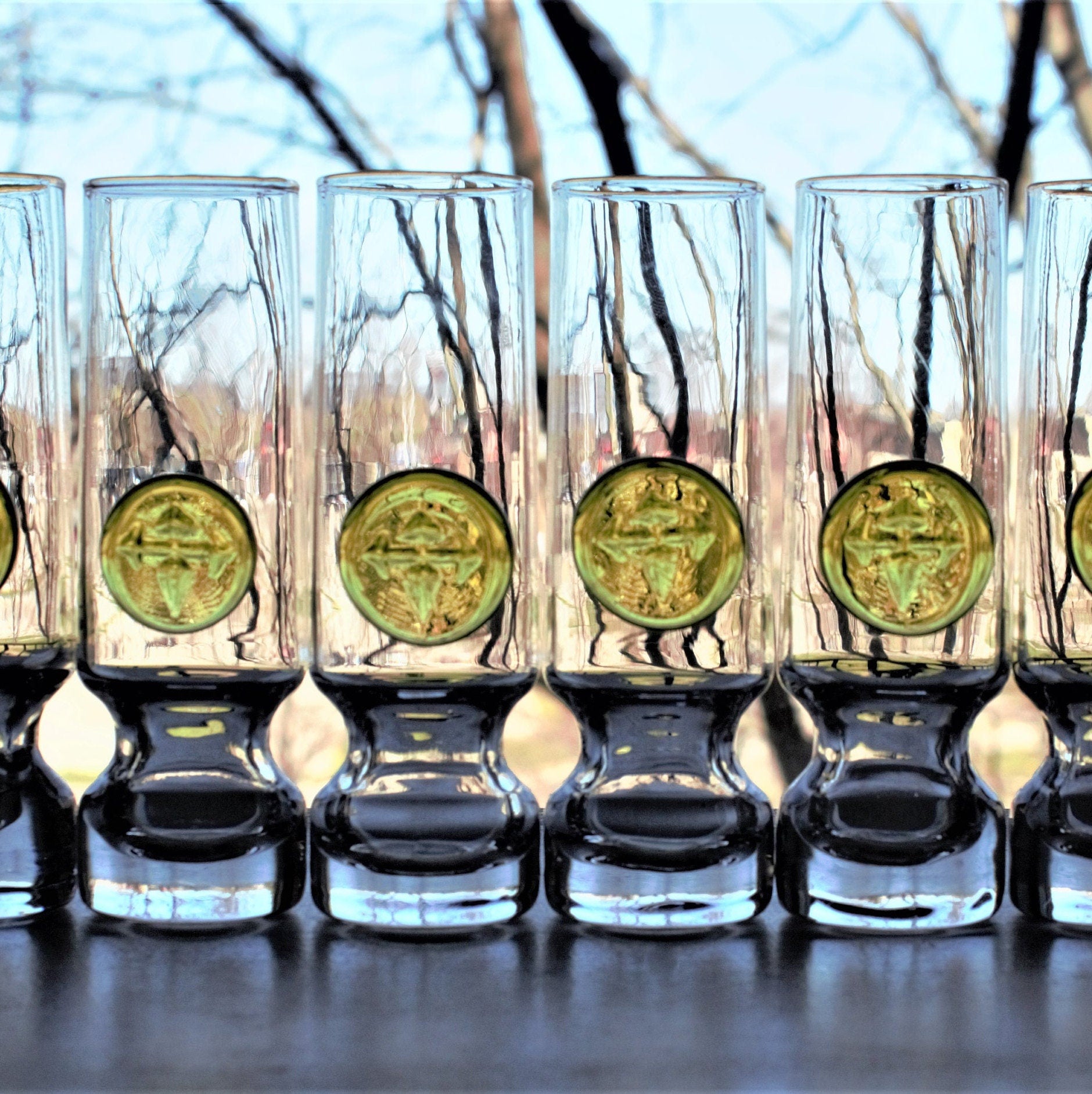 Holmegaard Viking Shot Glasses - Set of 6 Danish Glassware with Green Signet