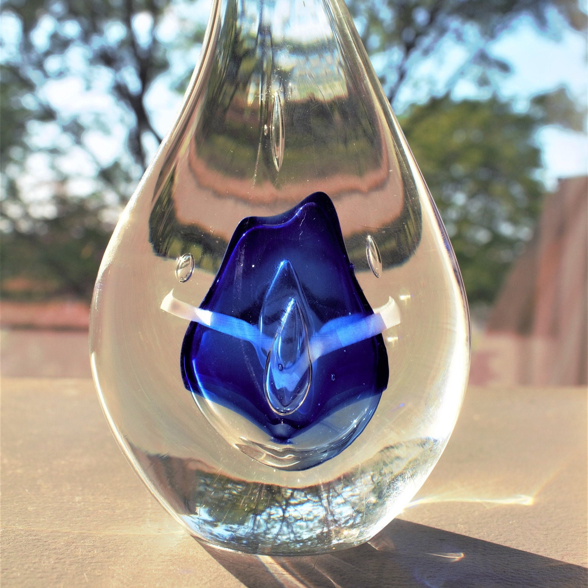 Adam Jablonski Art Glass Sculpture: Blue Teardrop Paperweight