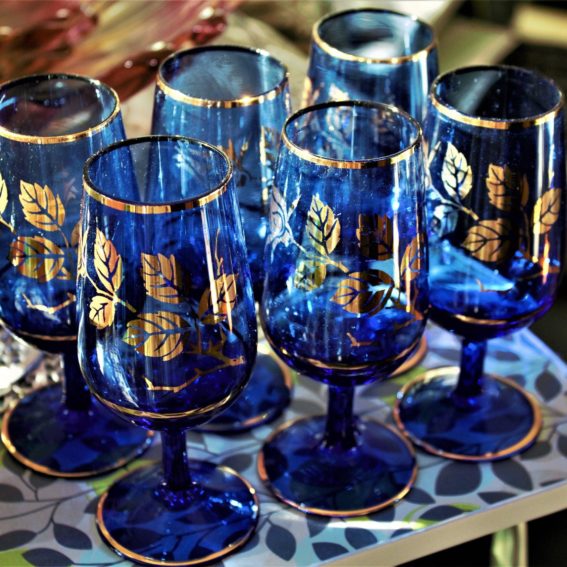 Vintage Cobalt Blue Decanter Set: Gold Leaf Cordial Glasses, 7 Pc