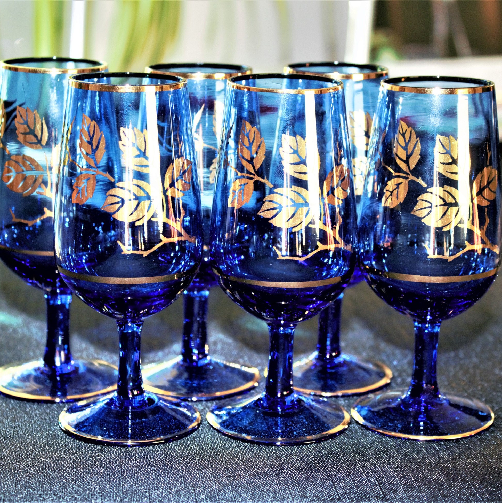 Vintage Cobalt Blue Decanter Set: Gold Leaf Cordial Glasses, 7 Pc