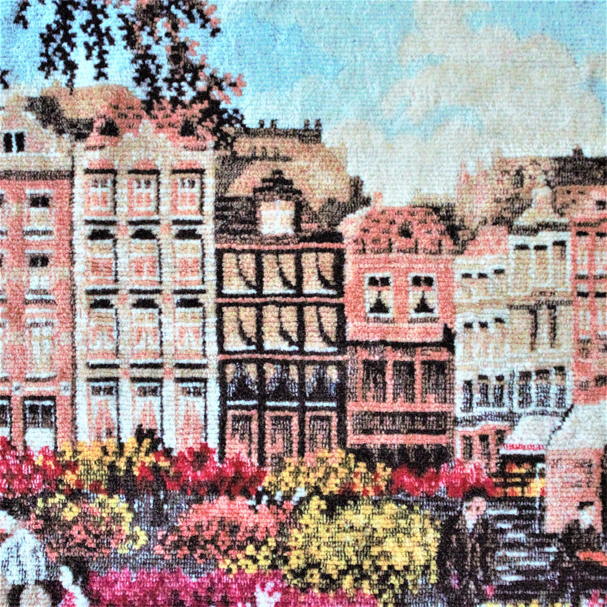 Vintage Embroidered Cityscape Tapestry: European Wall Decor (66.5x25 inches)