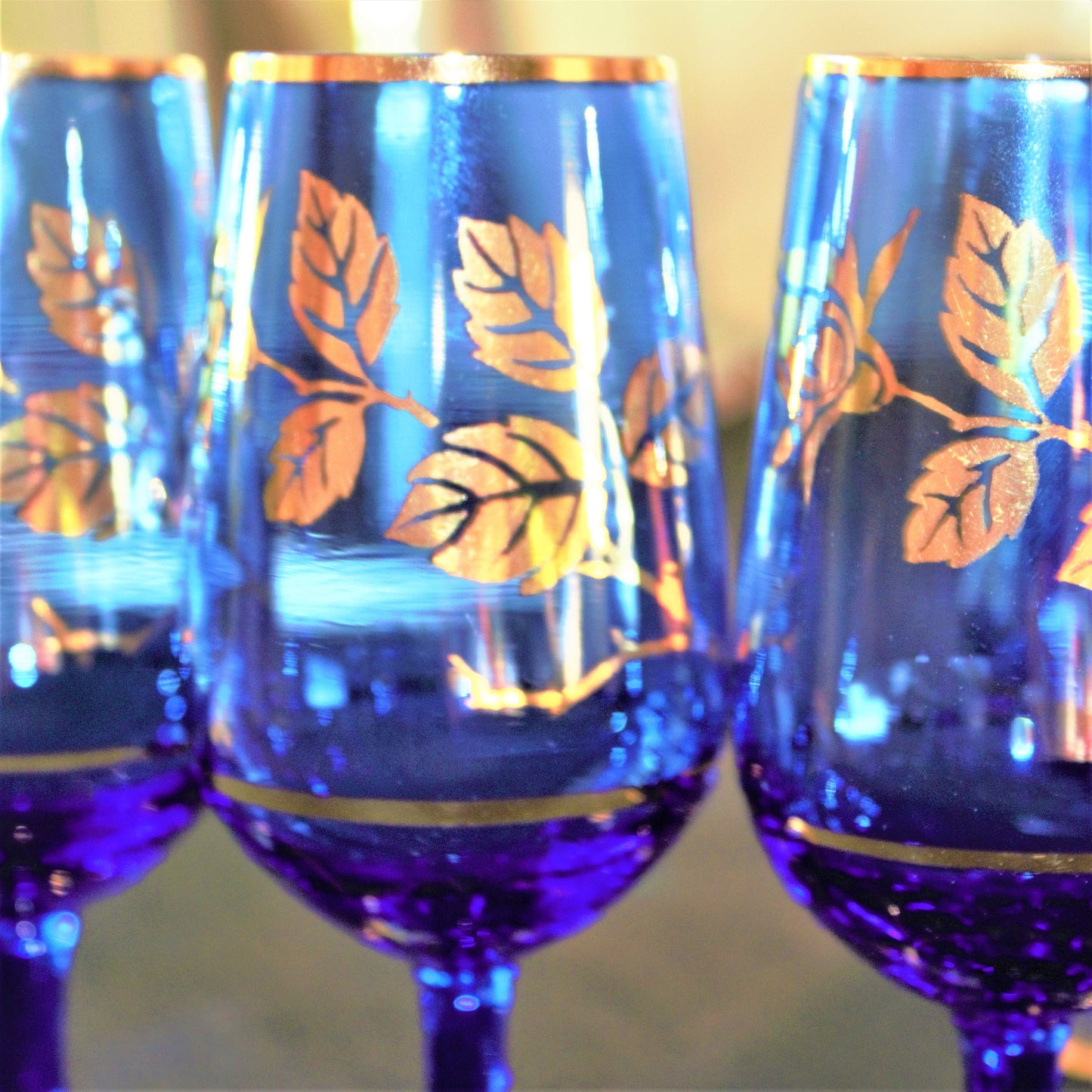 Vintage Cobalt Blue Decanter Set: Gold Leaf Cordial Glasses, 7 Pc