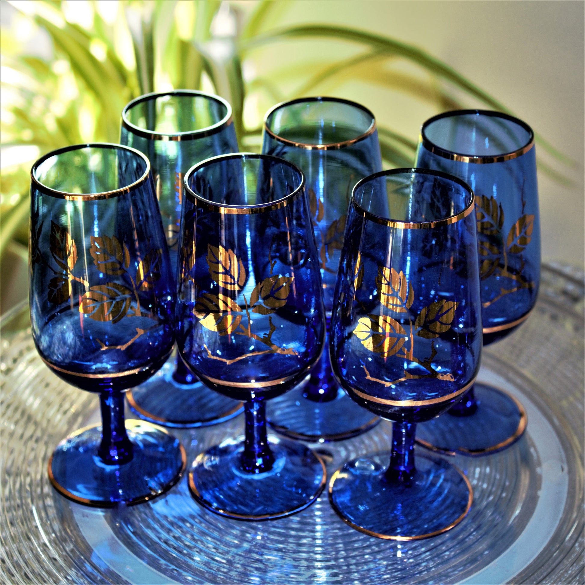 Vintage Cobalt Blue Decanter Set: Gold Leaf Cordial Glasses, 7 Pc