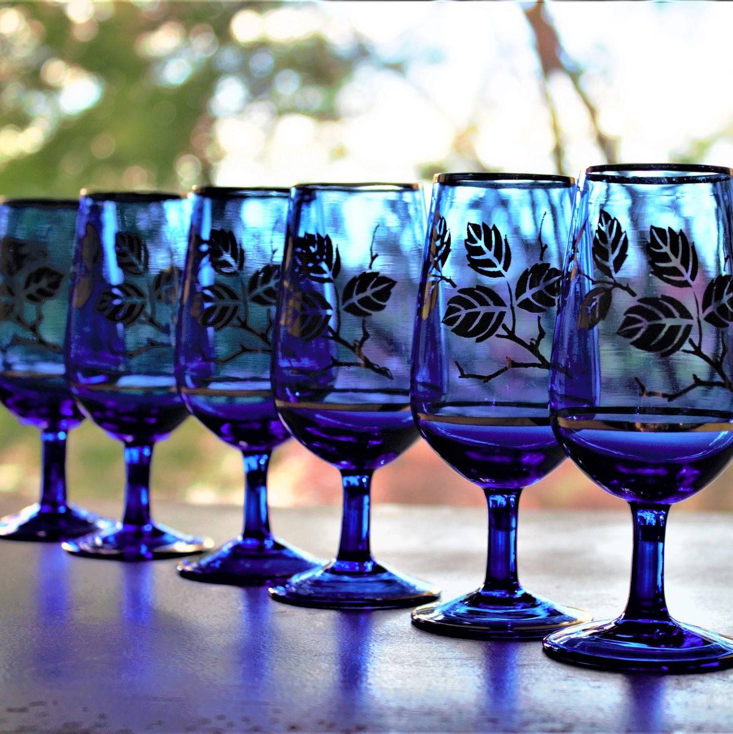 Vintage Cobalt Blue Decanter Set: Gold Leaf Cordial Glasses, 7 Pc
