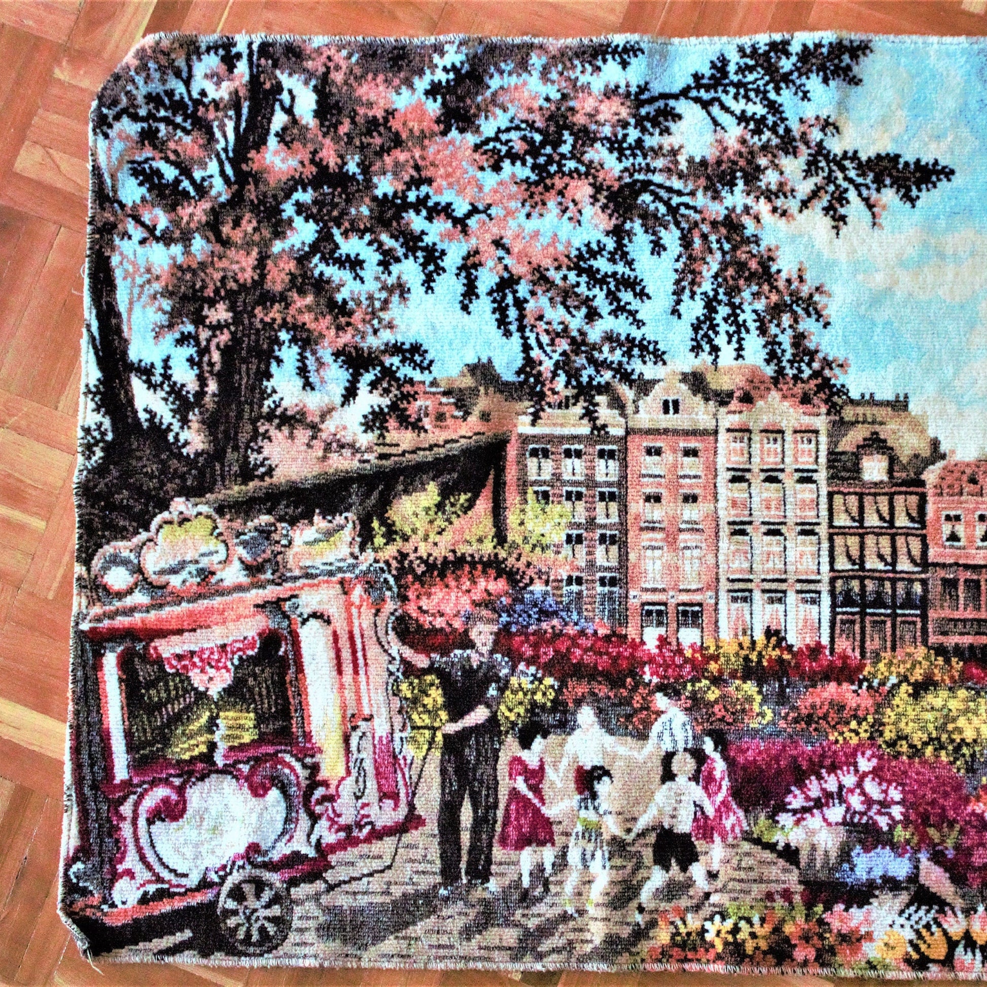 Vintage Embroidered Cityscape Tapestry: European Wall Decor (66.5x25 inches)