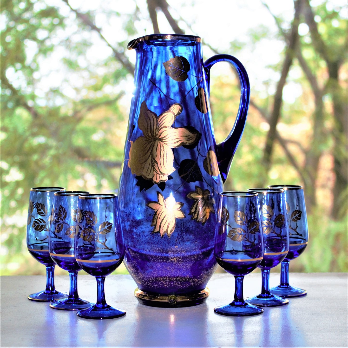 Vintage Cobalt Blue Decanter Set: Gold Leaf Cordial Glasses, 7 Pc