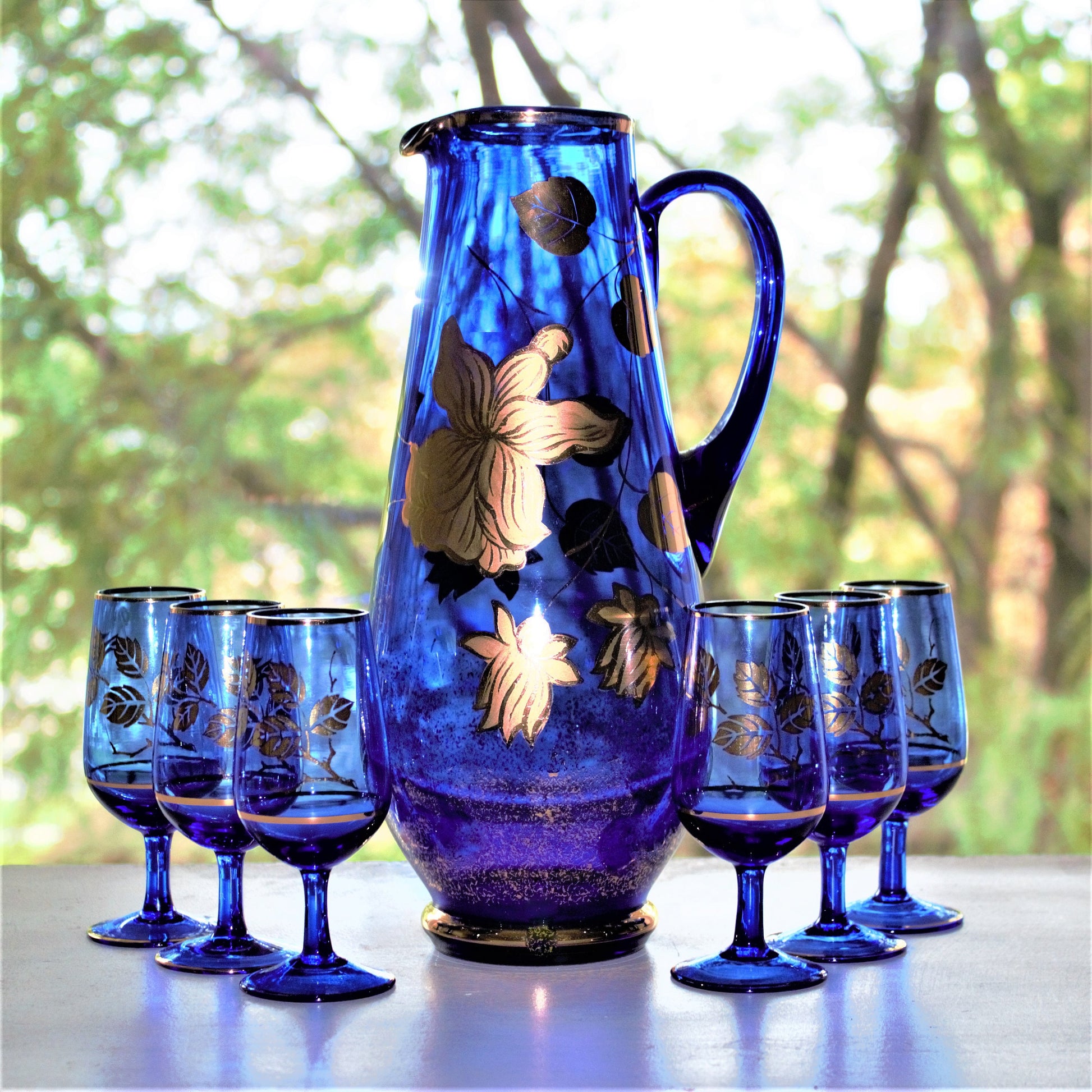Vintage Cobalt Blue Decanter Set: Gold Leaf Cordial Glasses, 7 Pc