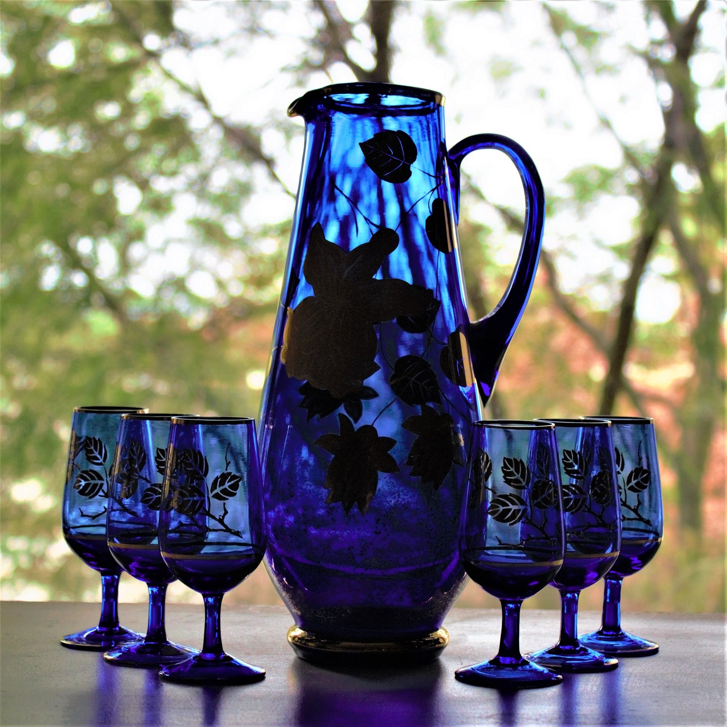 Vintage Cobalt Blue Decanter Set: Gold Leaf Cordial Glasses, 7 Pc