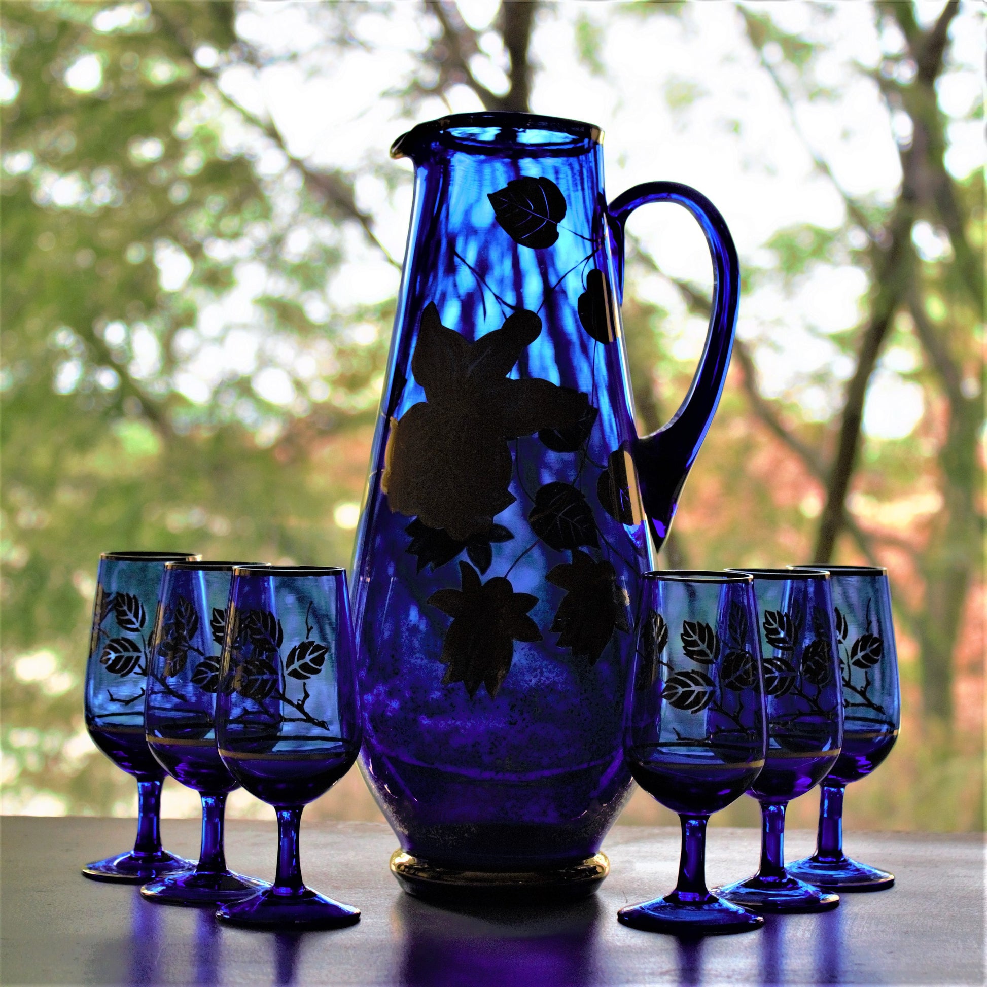 Vintage Cobalt Blue Decanter Set: Gold Leaf Cordial Glasses, 7 Pc