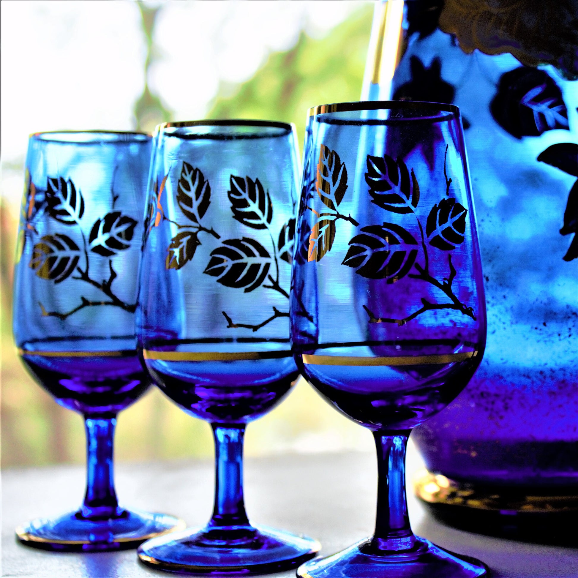 Vintage Cobalt Blue Decanter Set: Gold Leaf Cordial Glasses, 7 Pc