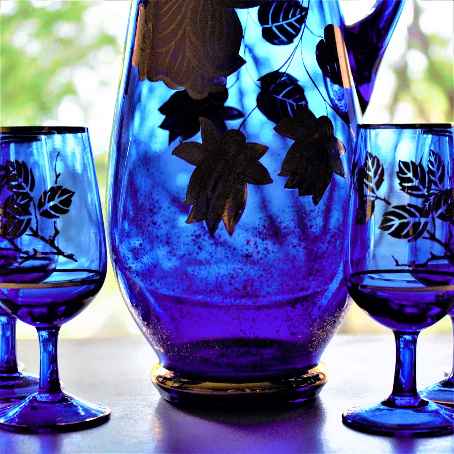 Vintage Cobalt Blue Decanter Set: Gold Leaf Cordial Glasses, 7 Pc