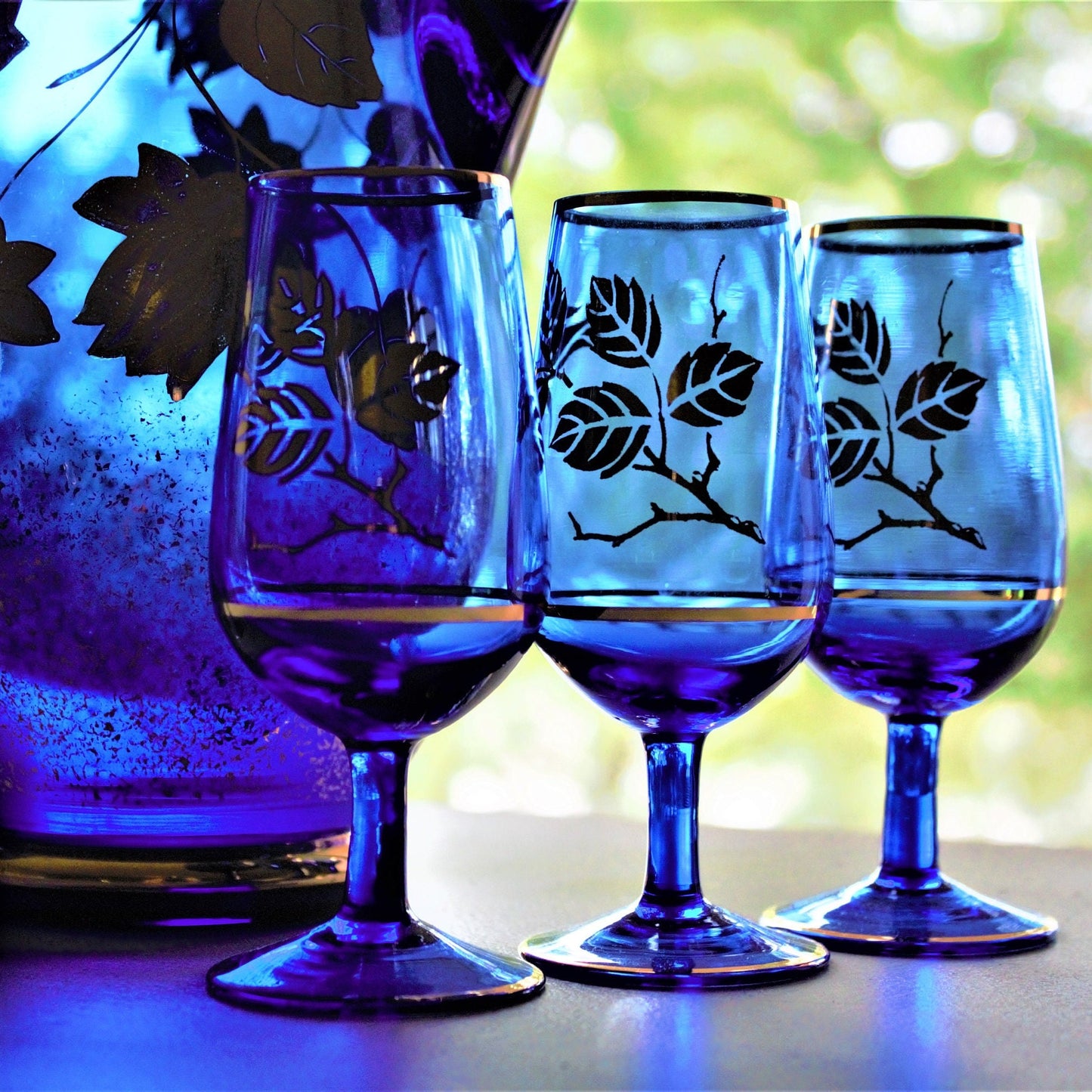 Vintage Cobalt Blue Decanter Set: Gold Leaf Cordial Glasses, 7 Pc