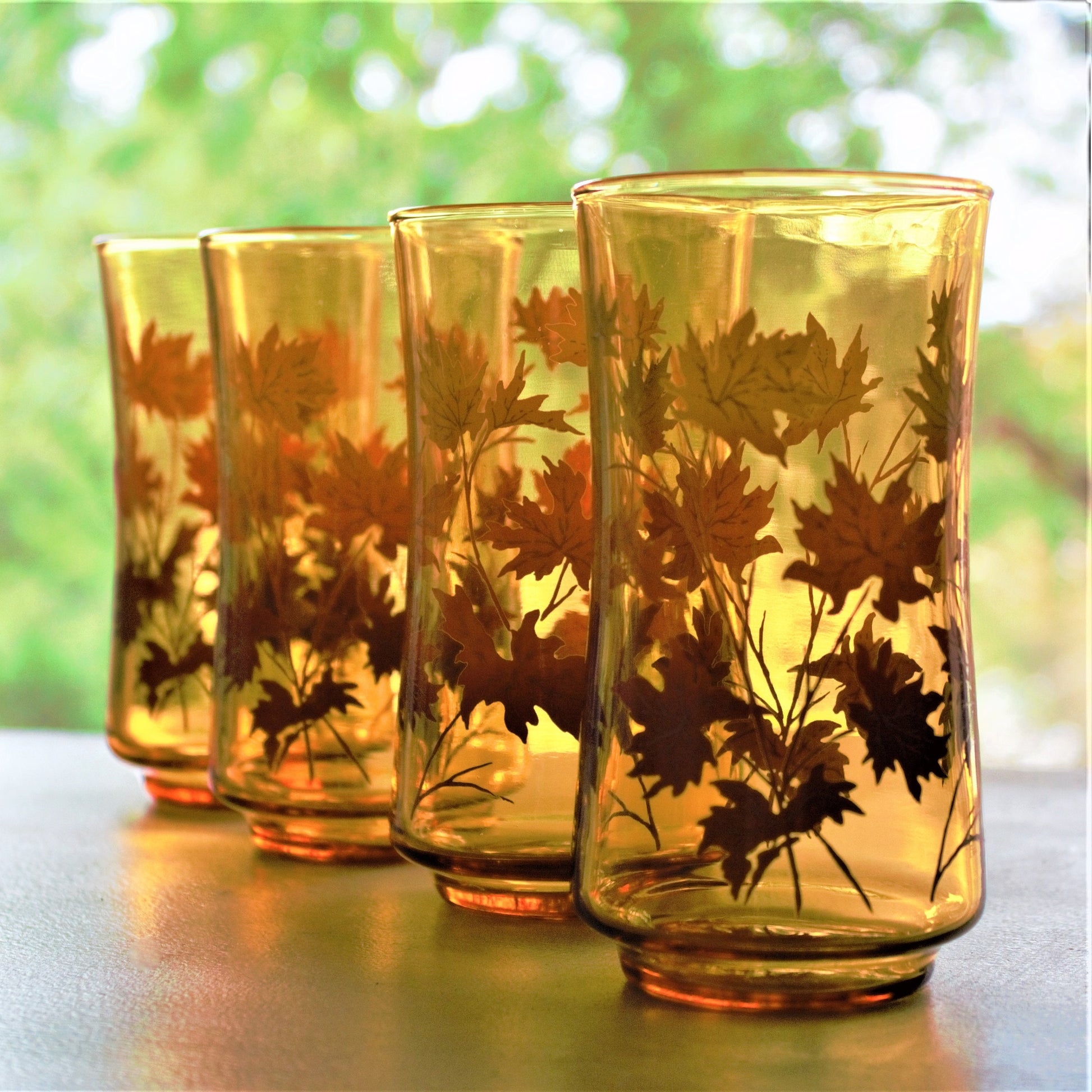 Vintage Orange Ombre Fall Leaves Tumblers - Retro Cocktail Glasses, Set of 4