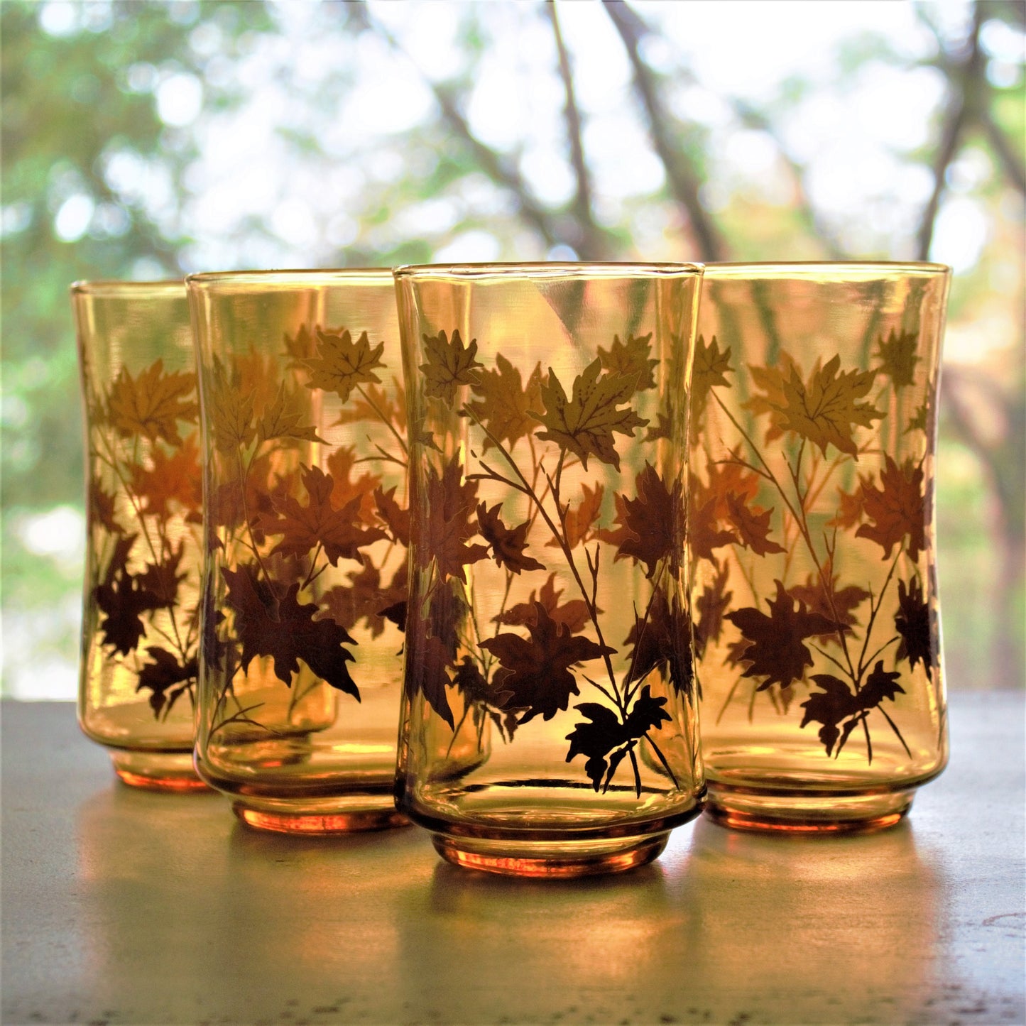 Vintage Orange Ombre Fall Leaves Tumblers - Retro Cocktail Glasses, Set of 4