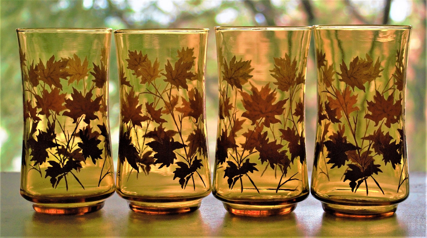 Vintage Orange Ombre Fall Leaves Tumblers - Retro Cocktail Glasses, Set of 4