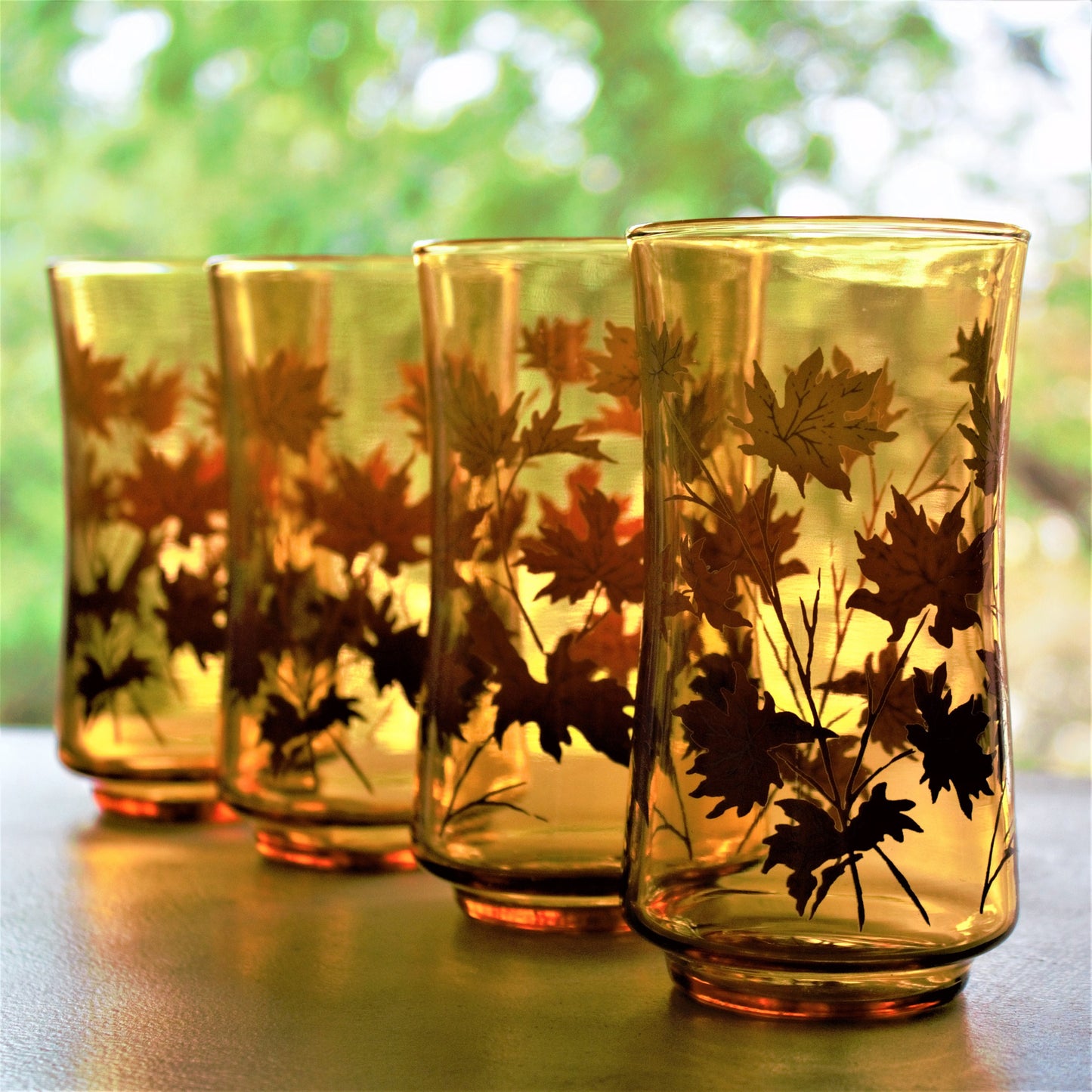 Vintage Orange Ombre Fall Leaves Tumblers - Retro Cocktail Glasses, Set of 4