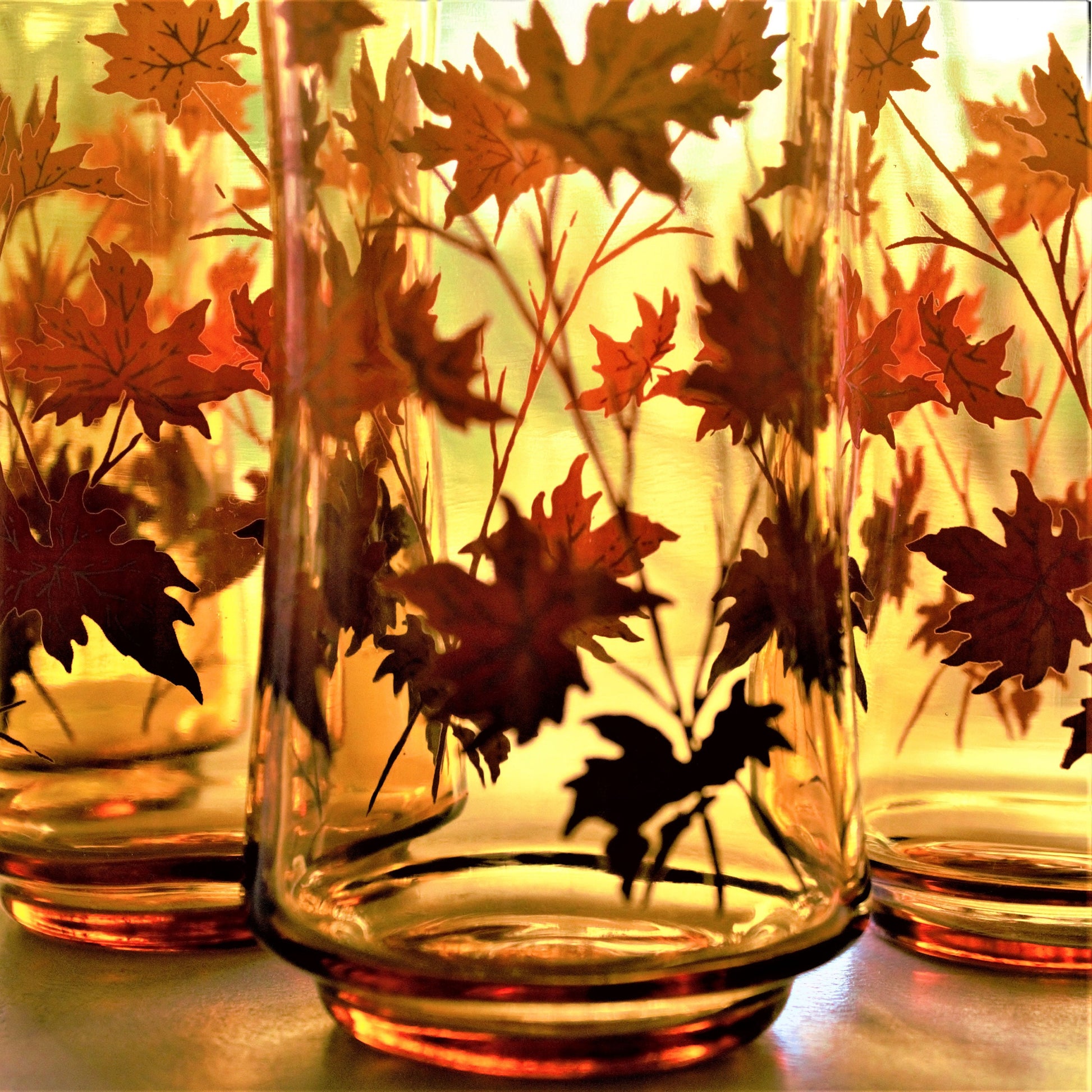 Vintage Orange Ombre Fall Leaves Tumblers - Retro Cocktail Glasses, Set of 4