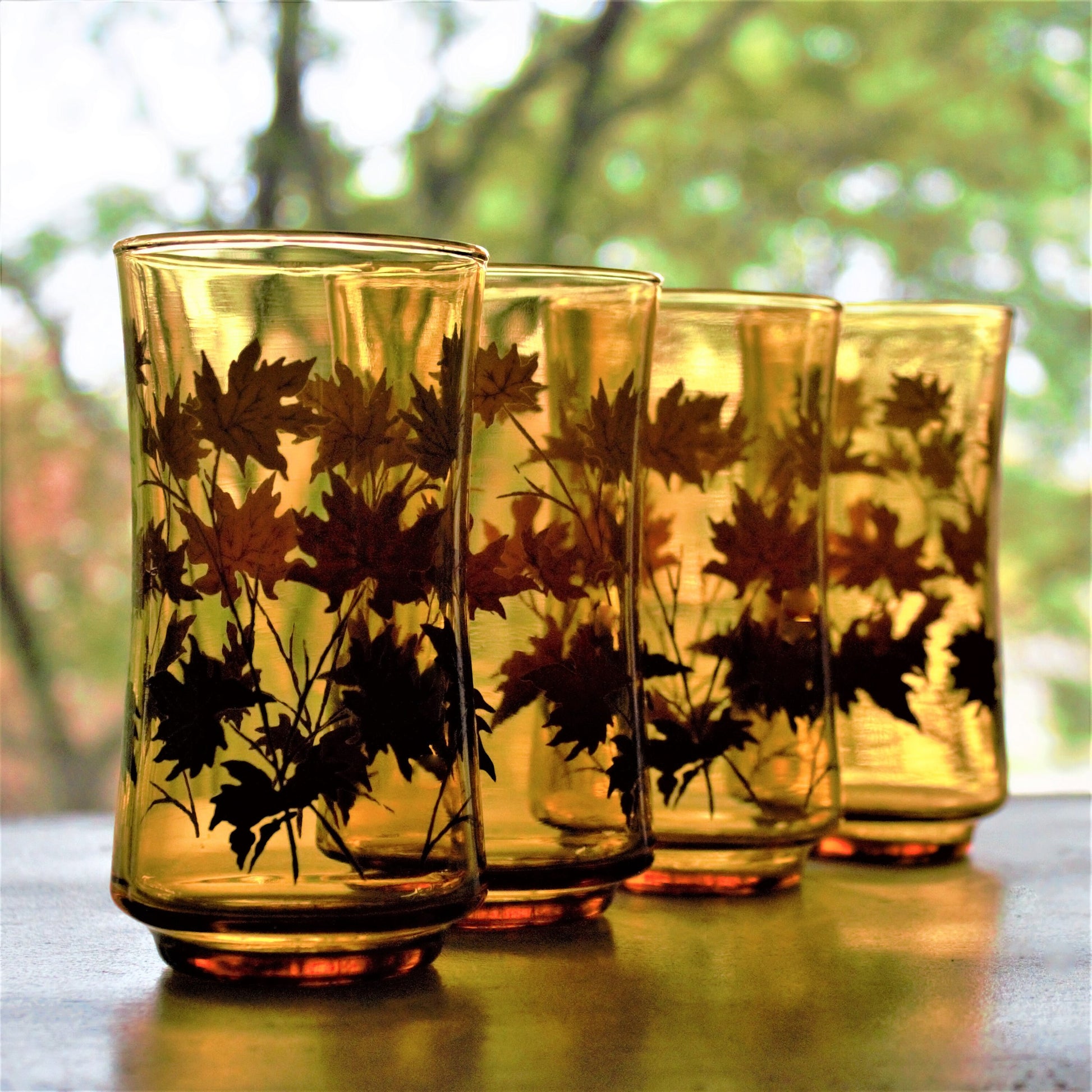 Vintage Orange Ombre Fall Leaves Tumblers - Retro Cocktail Glasses, Set of 4