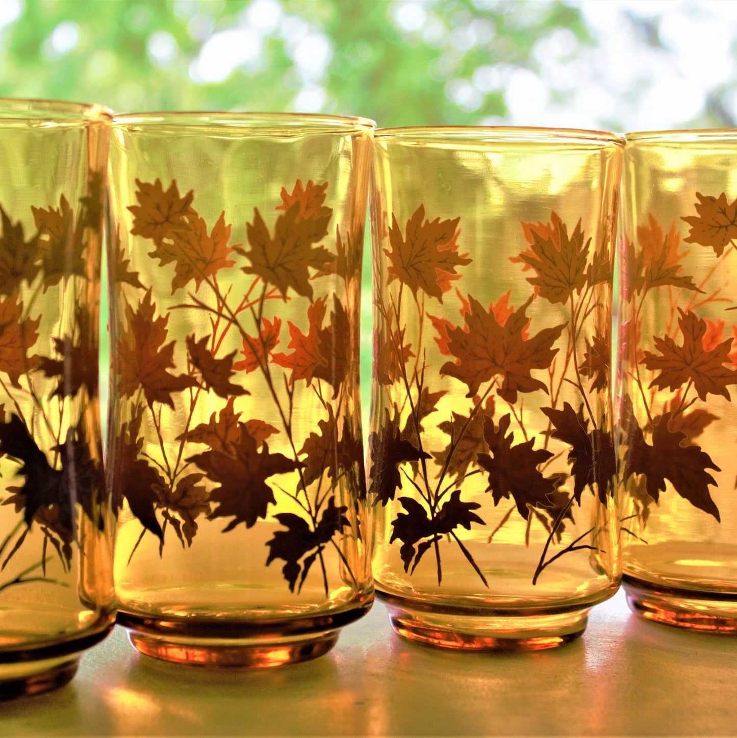Vintage Orange Ombre Fall Leaves Tumblers - Retro Cocktail Glasses, Set of 4