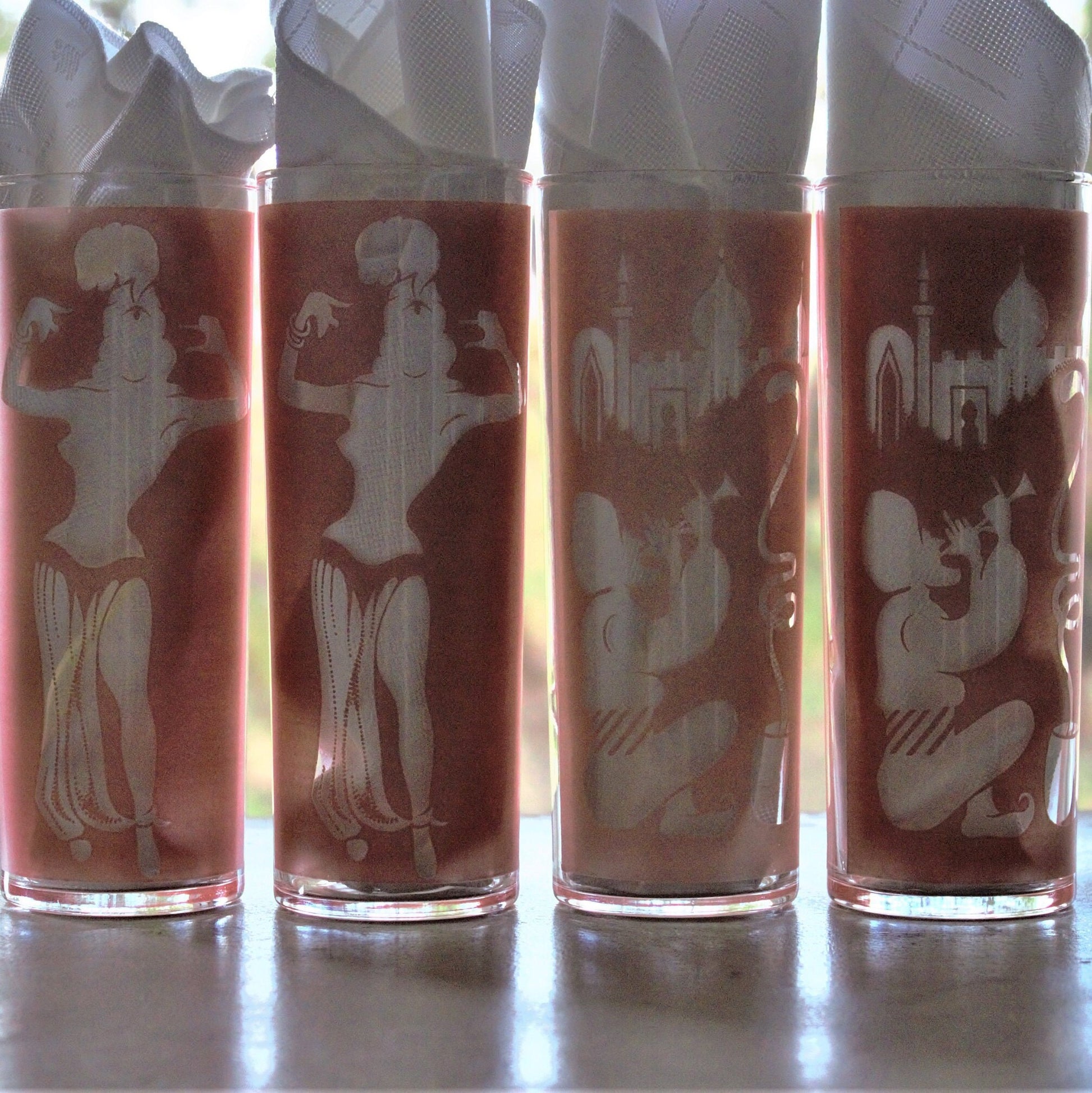 Vintage Frosted Pink Tumblers: Belly Dancer & Snake Charmer Glass Set of four