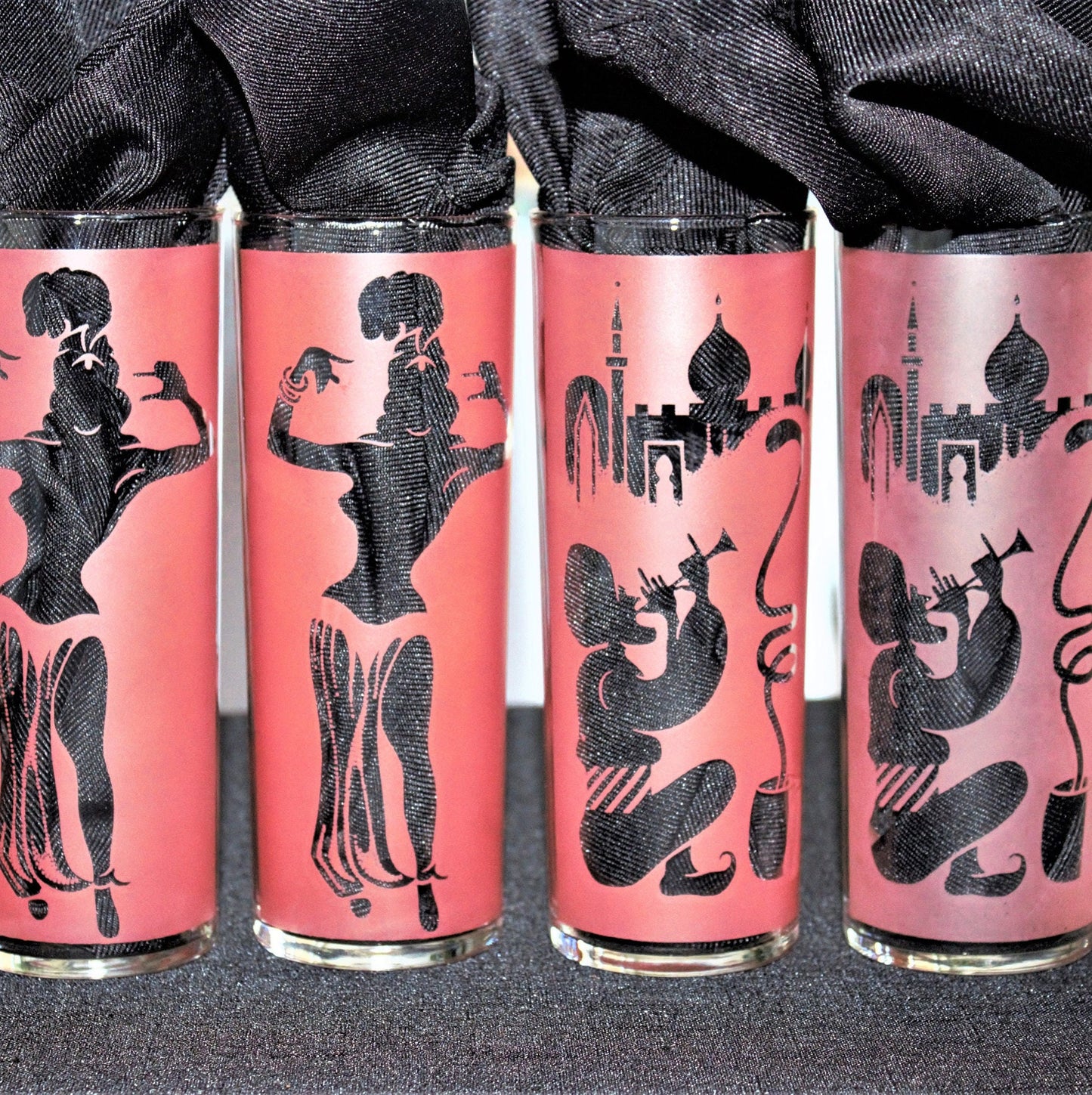 Vintage Frosted Pink Tumblers: Belly Dancer & Snake Charmer Glass Set of four