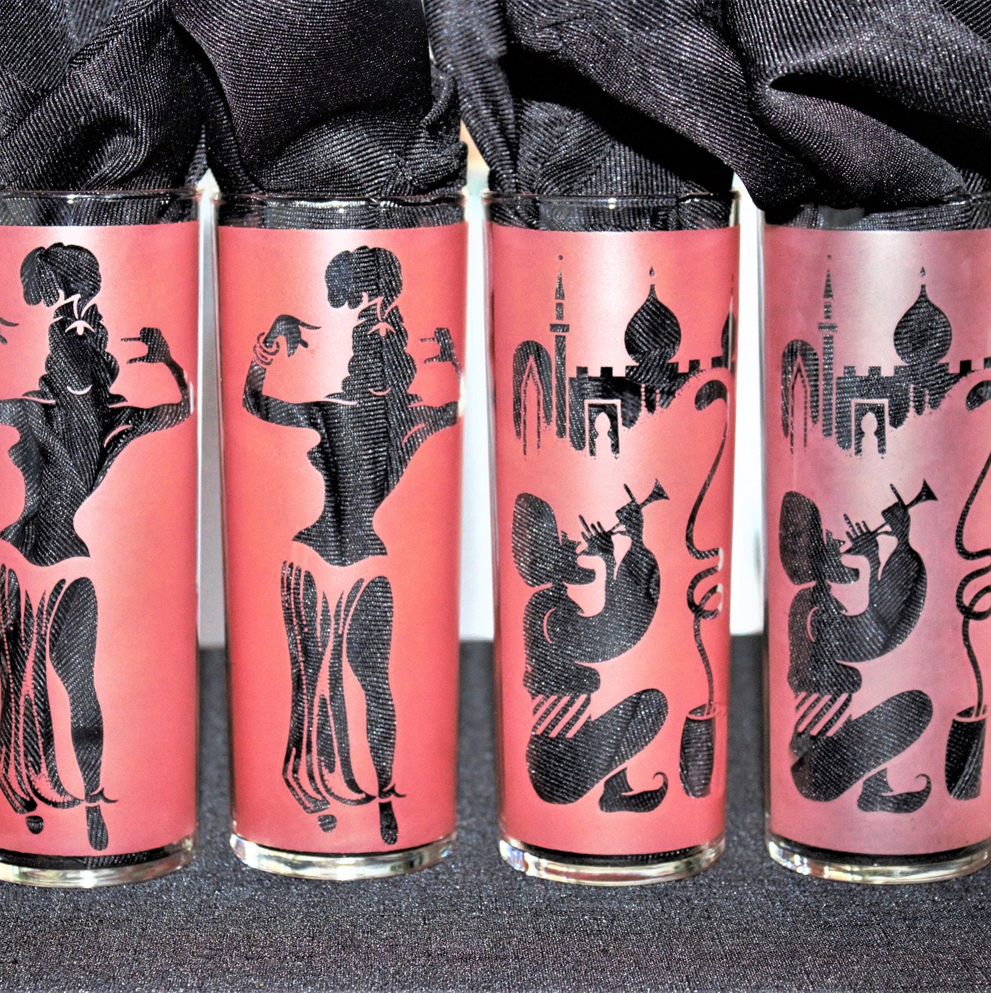 Vintage Frosted Pink Tumblers: Belly Dancer & Snake Charmer Glass Set of four
