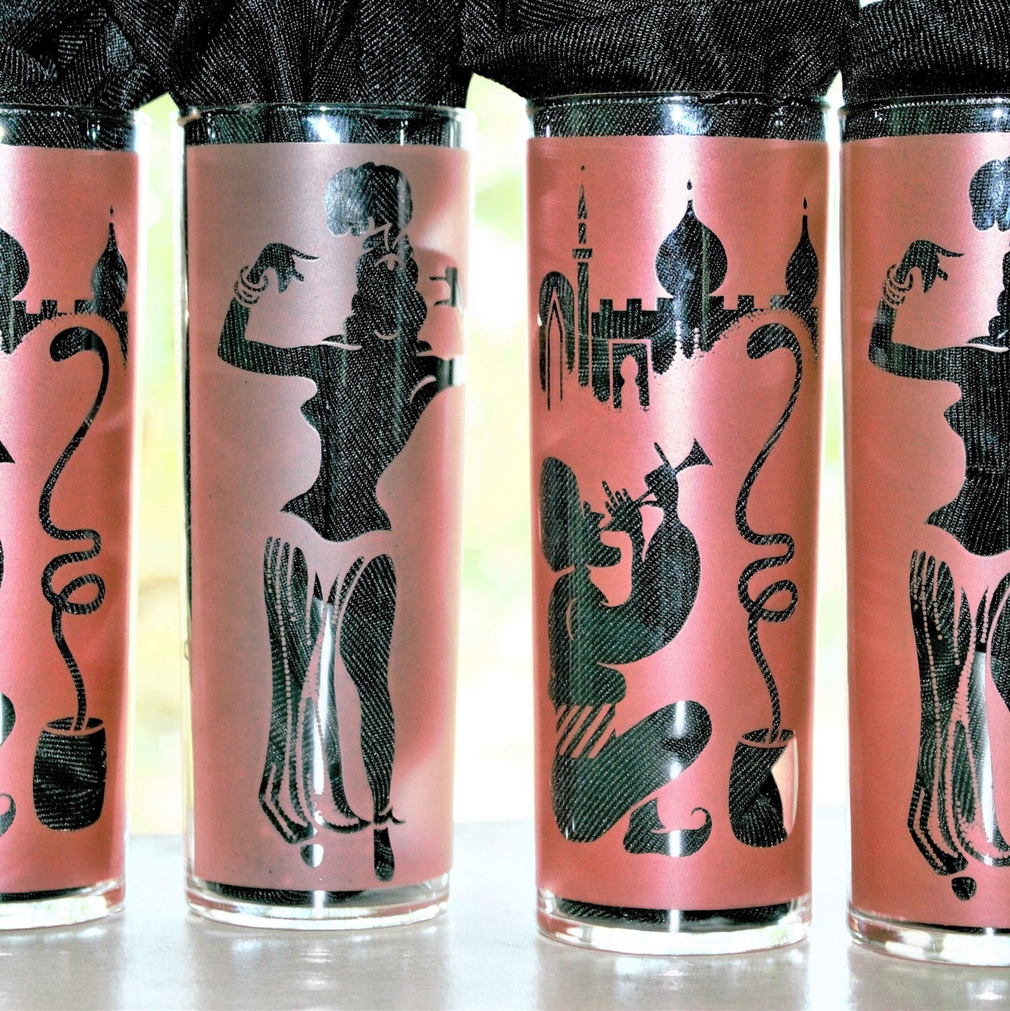 Vintage Frosted Pink Tumblers: Belly Dancer & Snake Charmer Glass Set of four