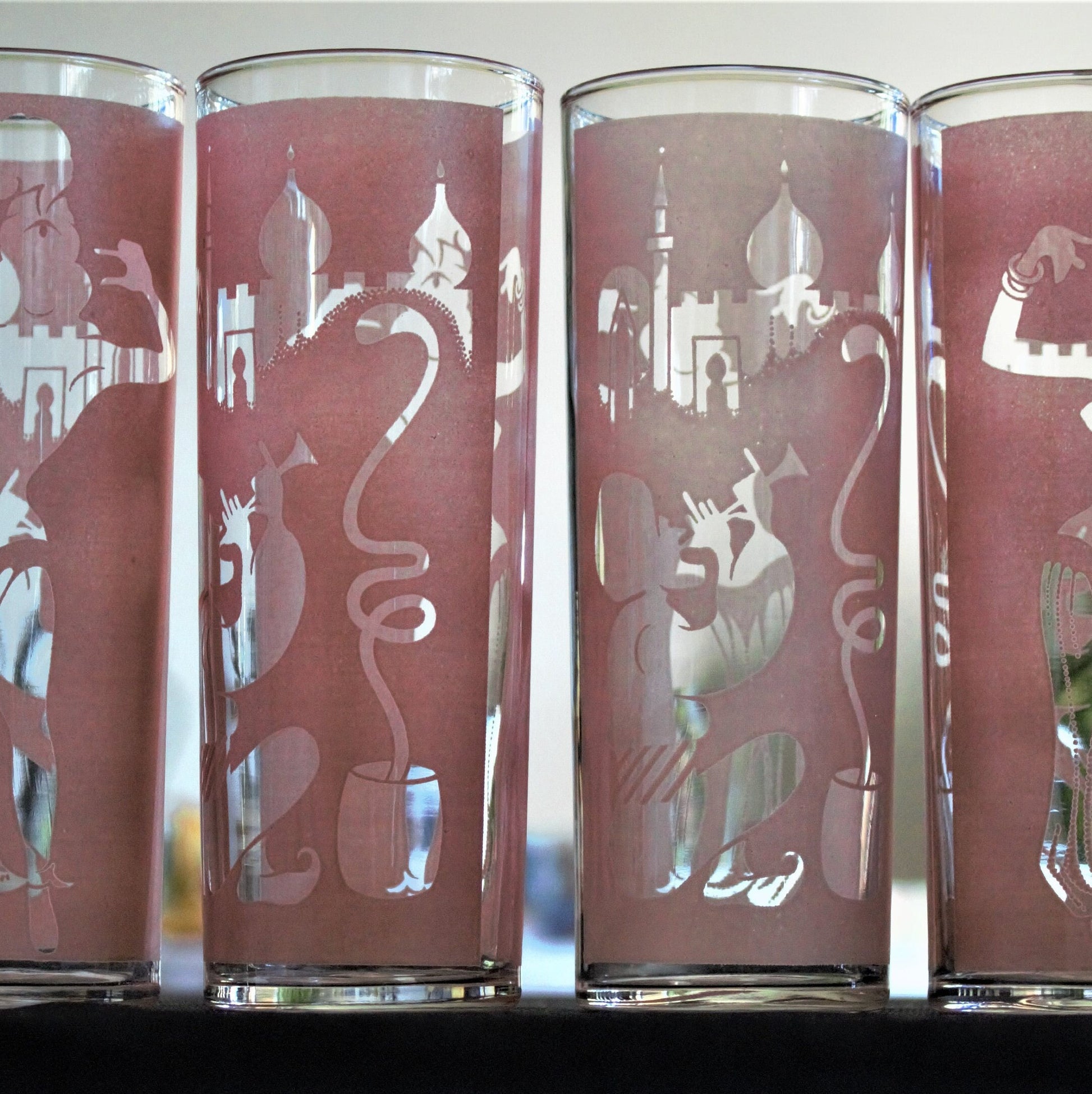 Vintage Frosted Pink Tumblers: Belly Dancer & Snake Charmer Glass Set of four