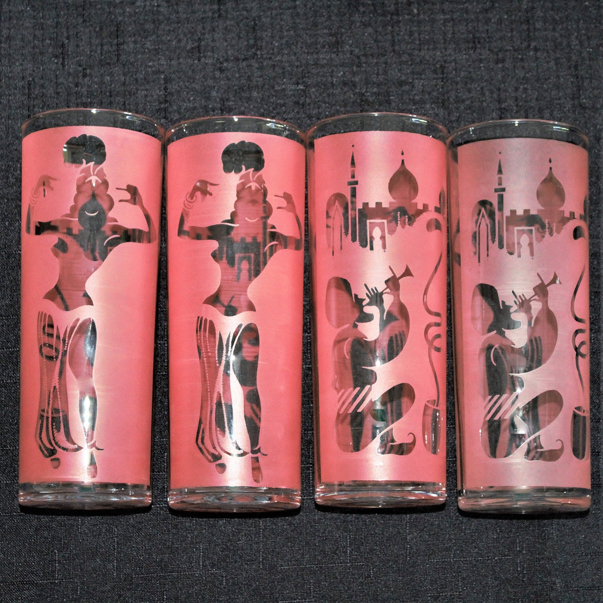 Vintage Frosted Pink Tumblers: Belly Dancer & Snake Charmer Glass Set of four