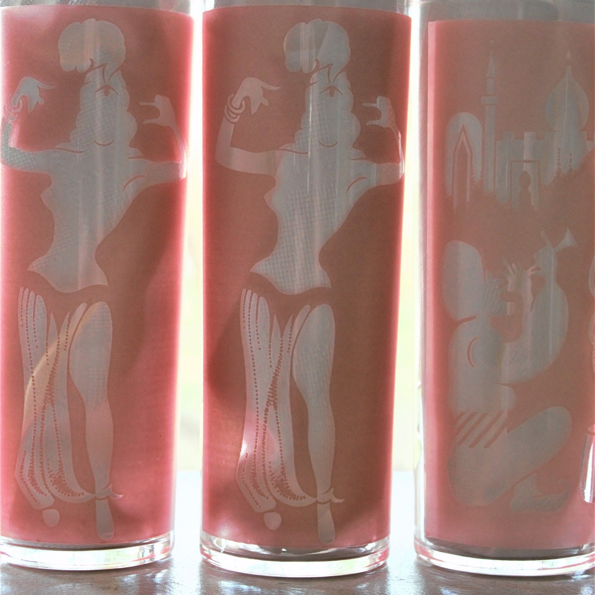 Vintage Frosted Pink Tumblers: Belly Dancer & Snake Charmer Glass Set of four
