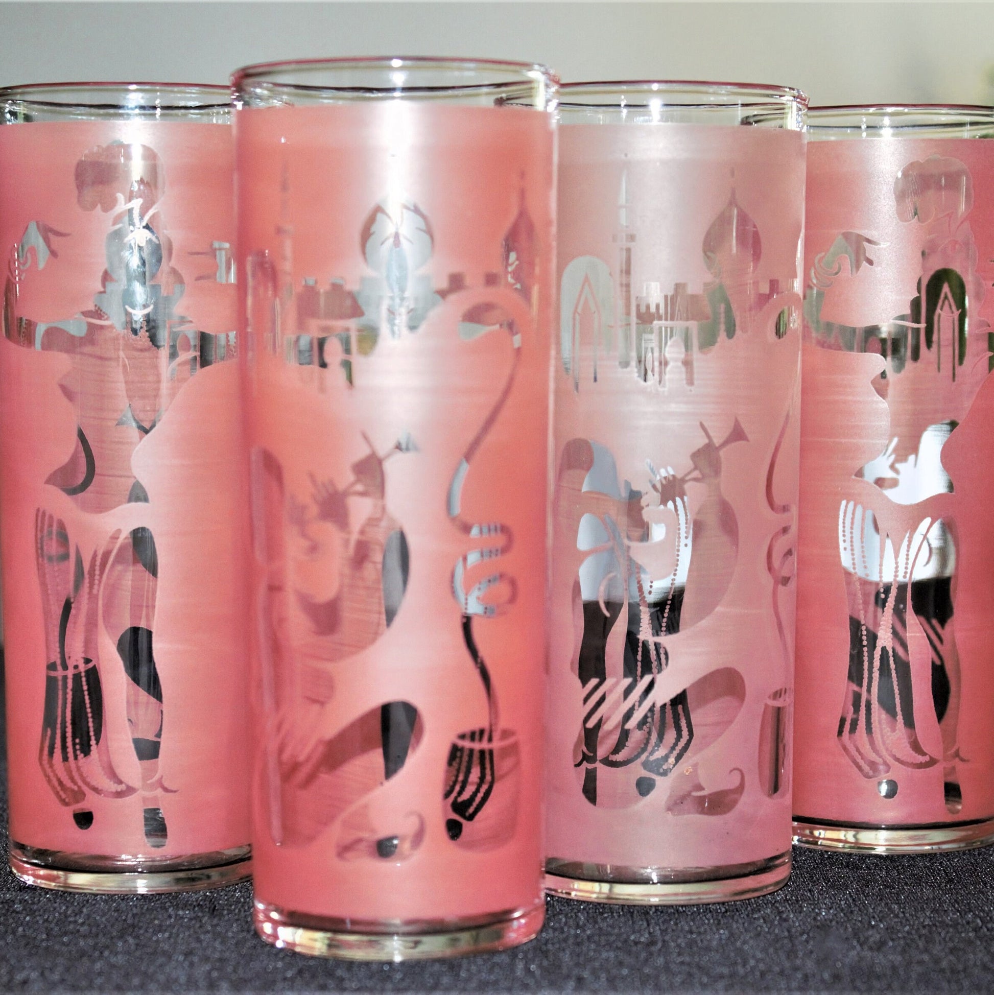 Vintage Frosted Pink Tumblers: Belly Dancer & Snake Charmer Glass Set of four