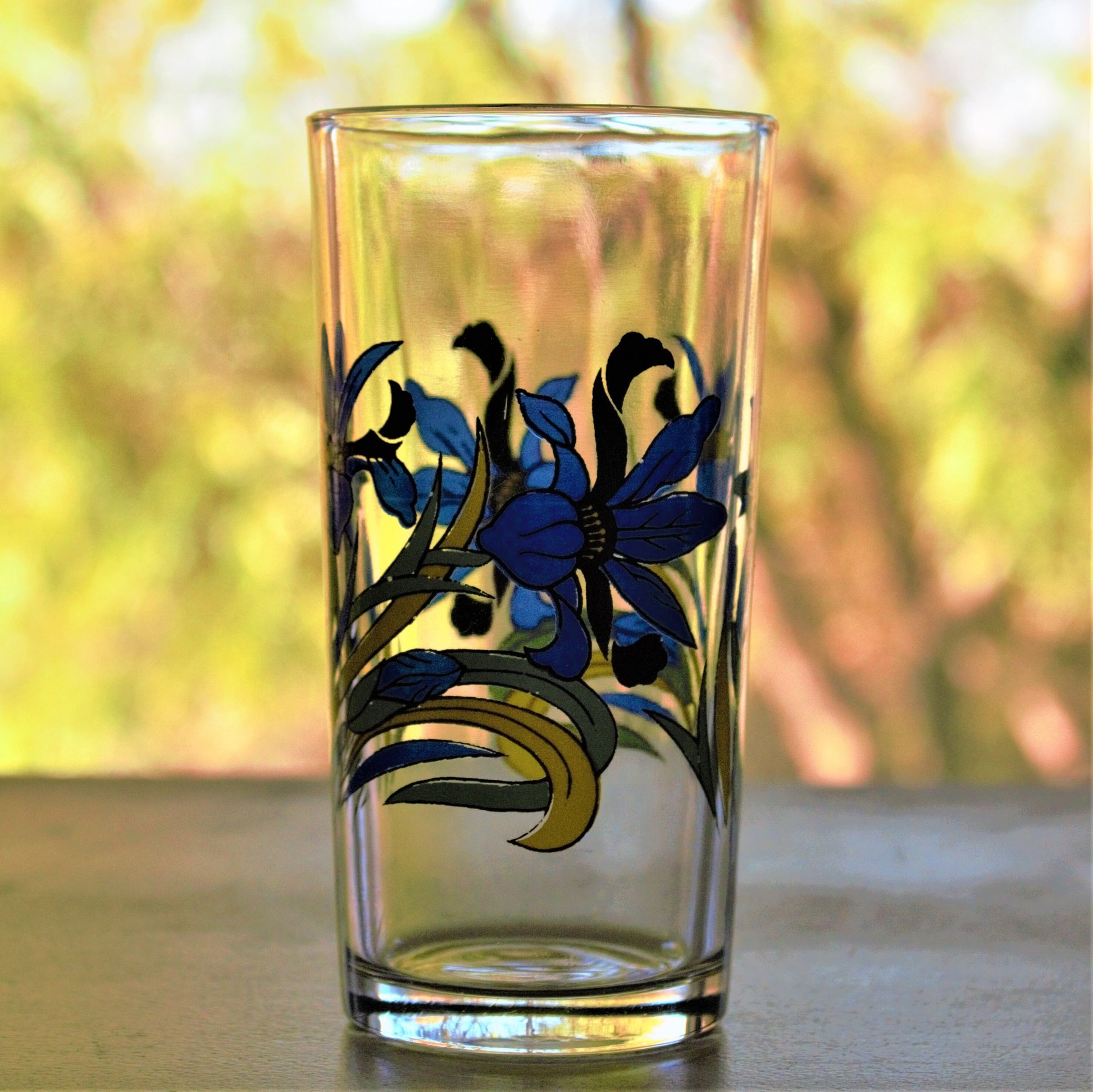 Vintage Juice Glasses, 4Pc Vintage Blue Glass with Blue Flowers, Blue Iris Glass Set, Vintage Tumblers, Retro Glass, Floral Glassware Gifts