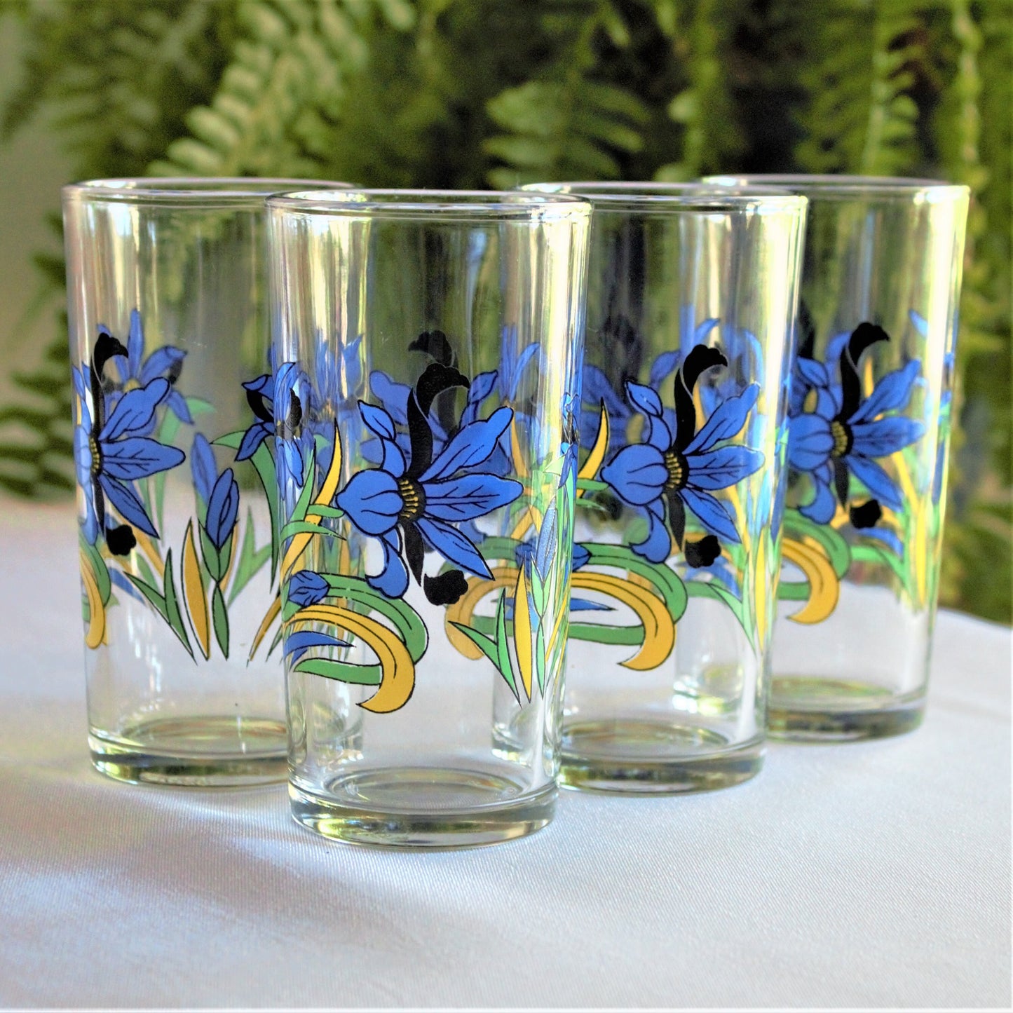 Vintage Juice Glasses, 4Pc Vintage Blue Glass with Blue Flowers, Blue Iris Glass Set, Vintage Tumblers, Retro Glass, Floral Glassware Gifts