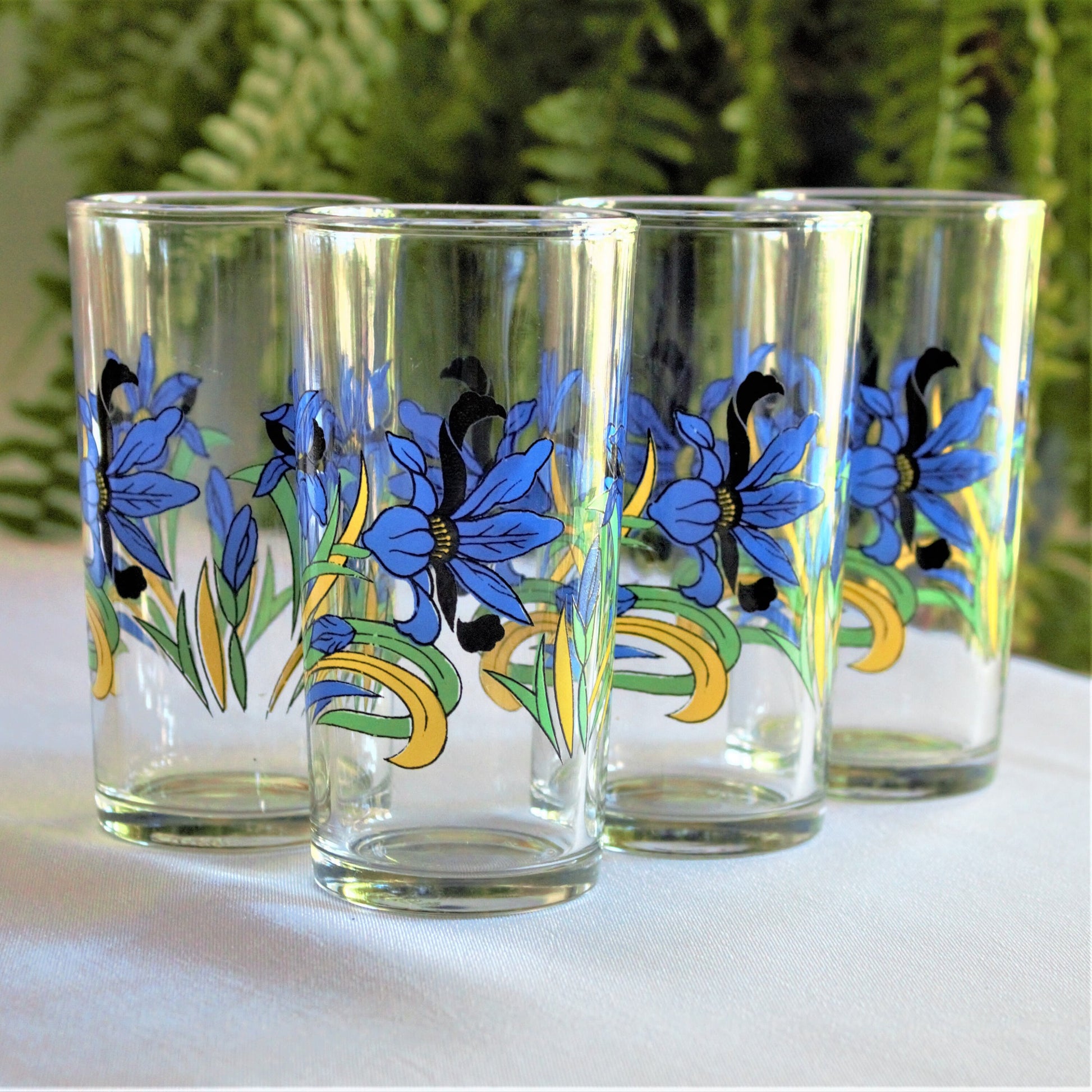 Vintage Juice Glasses, 4Pc Vintage Blue Glass with Blue Flowers, Blue Iris Glass Set, Vintage Tumblers, Retro Glass, Floral Glassware Gifts