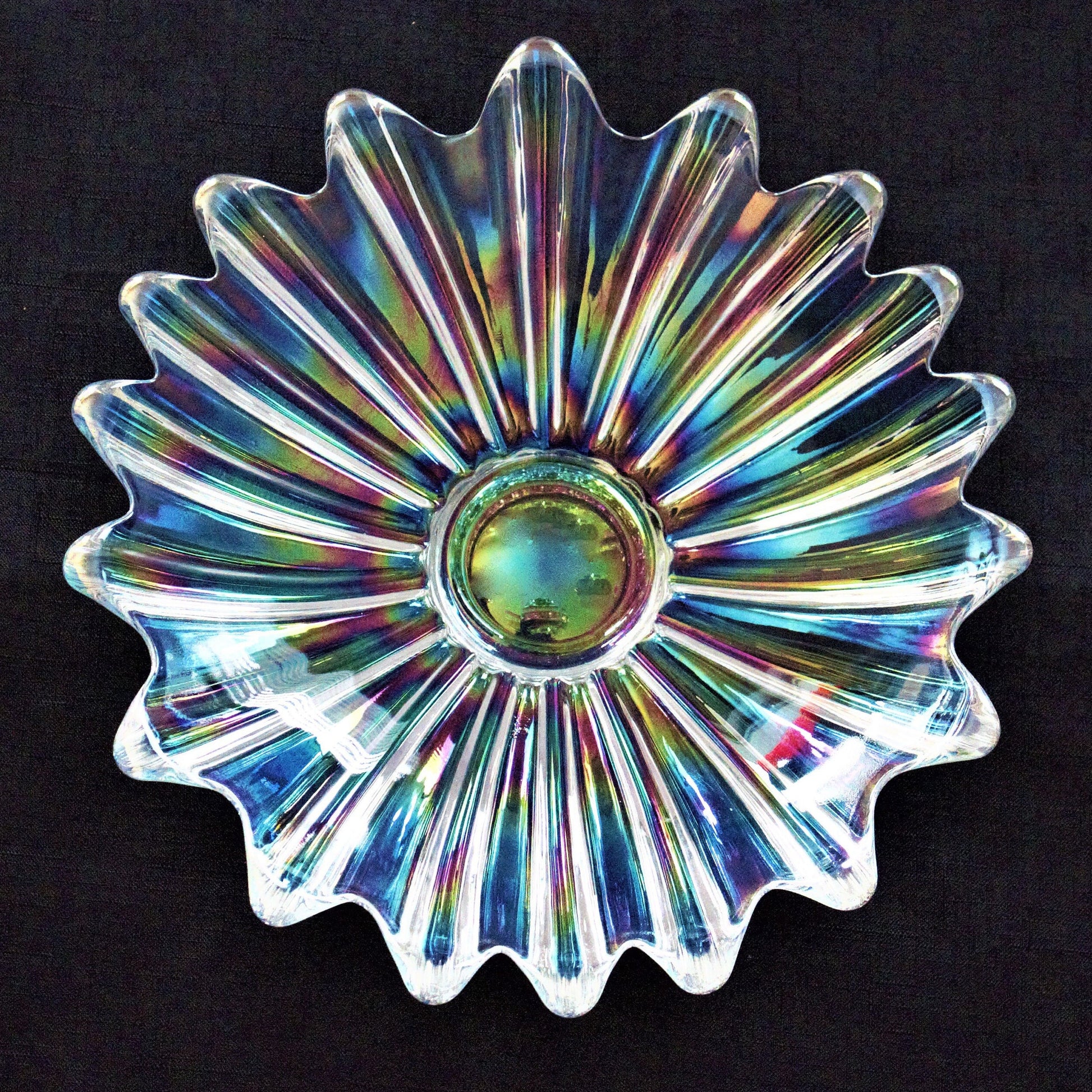 Vintage Iridescent Glass Bowl Set of 3: Scalloped Starburst Design (9.5")