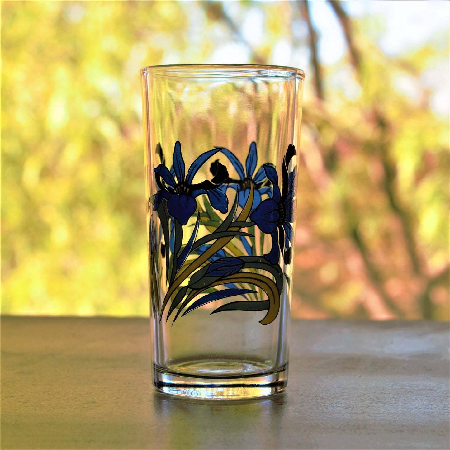 Vintage Juice Glasses, 4Pc Vintage Blue Glass with Blue Flowers, Blue Iris Glass Set, Vintage Tumblers, Retro Glass, Floral Glassware Gifts