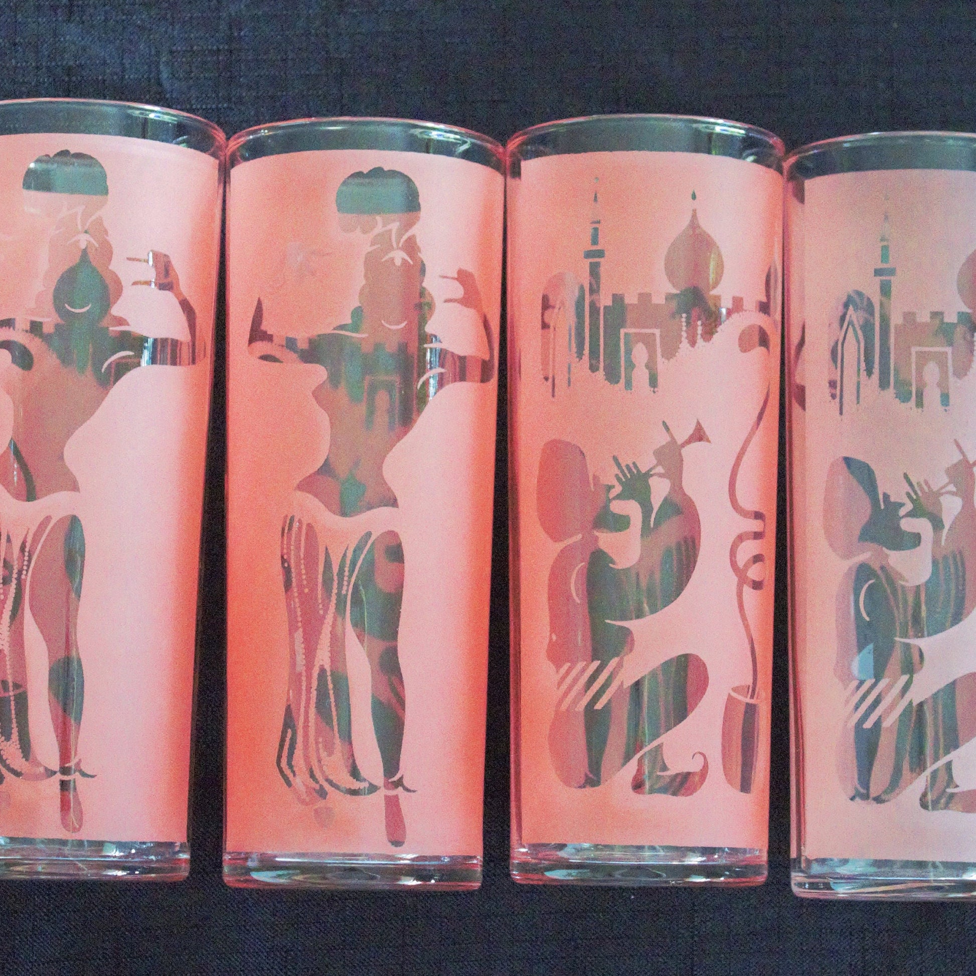 Vintage Frosted Pink Tumblers: Belly Dancer & Snake Charmer Glass Set of four