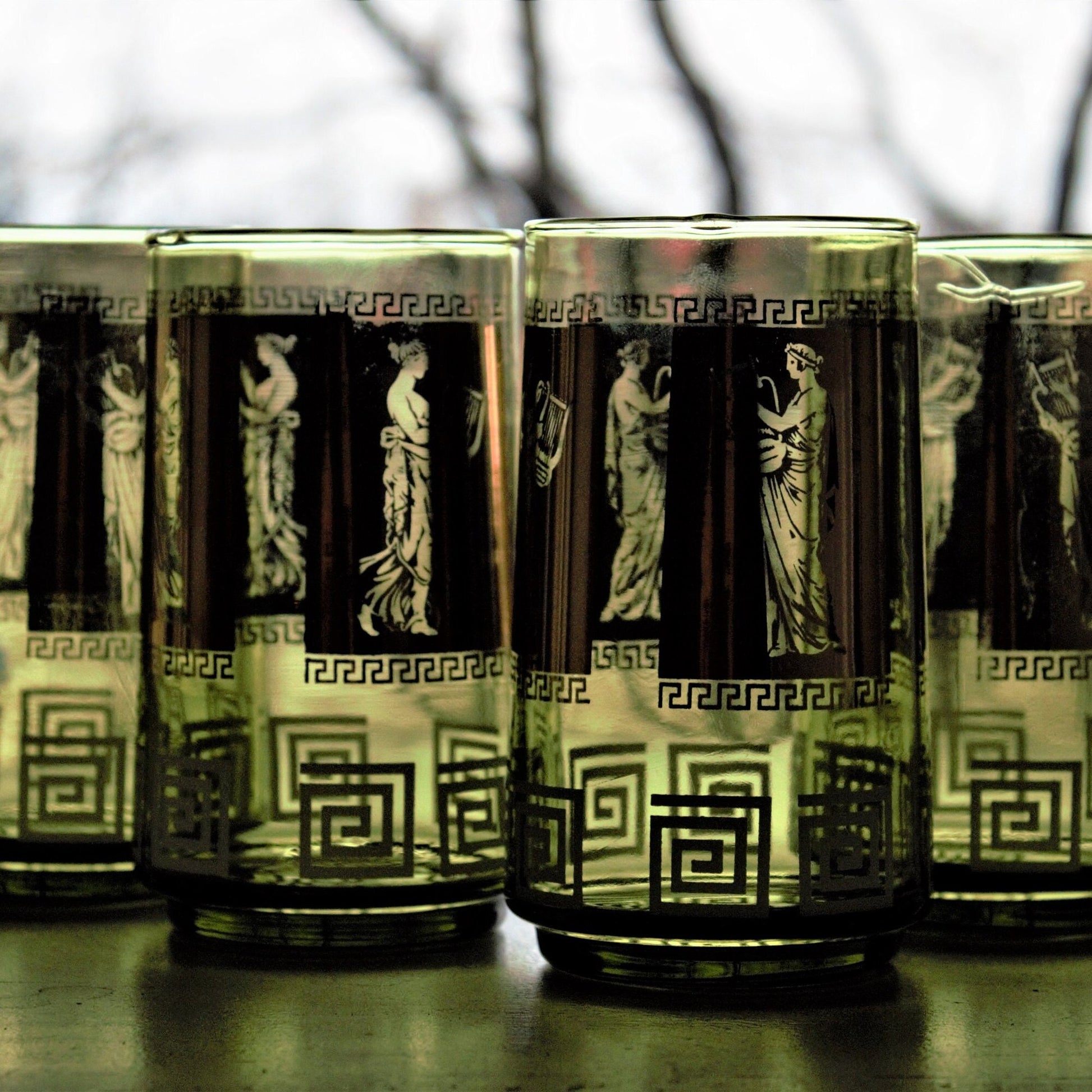 Vintage Green & Gold Tumblers, Greek Goddess Design, Set of 4