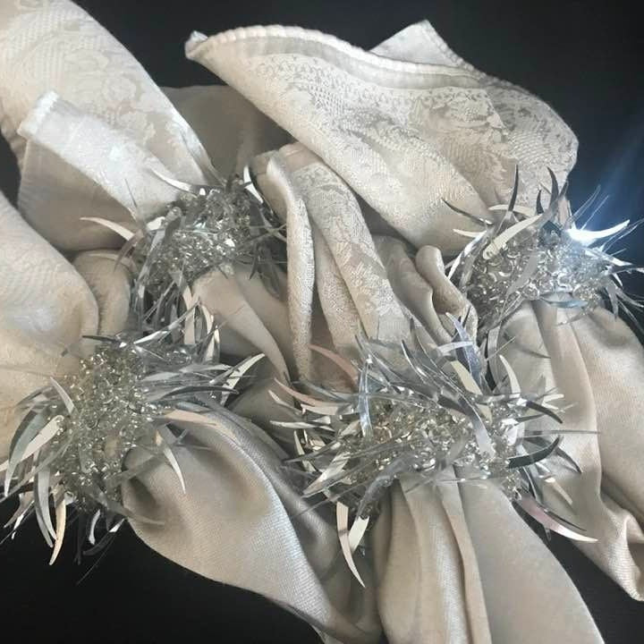 Vintage Silver Beaded Napkin Rings: Glittery Table Decor, Set of 4