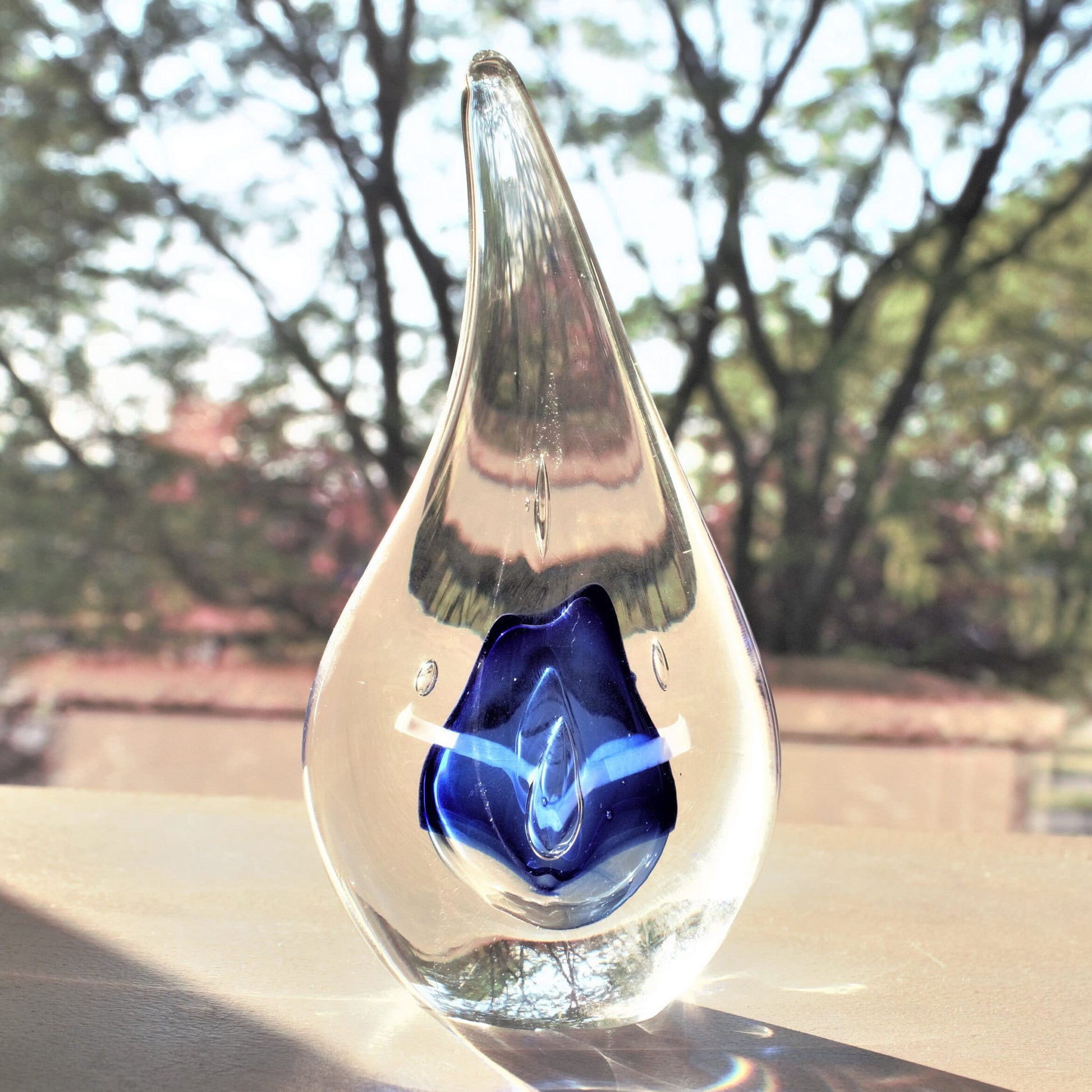 Adam Jablonski Art Glass Sculpture: Blue Teardrop Paperweight