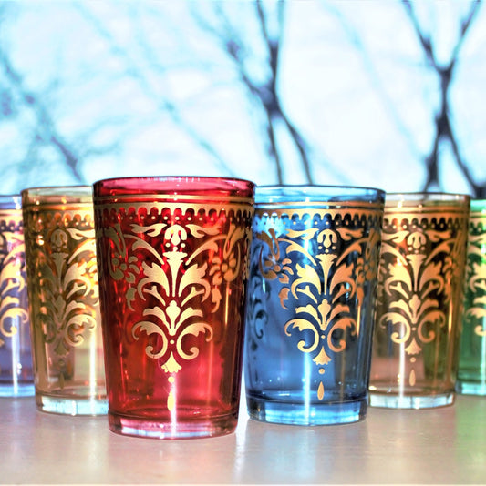 Vintage Moroccan Tea Glasses: Colorful Embossed Glass Set of 6