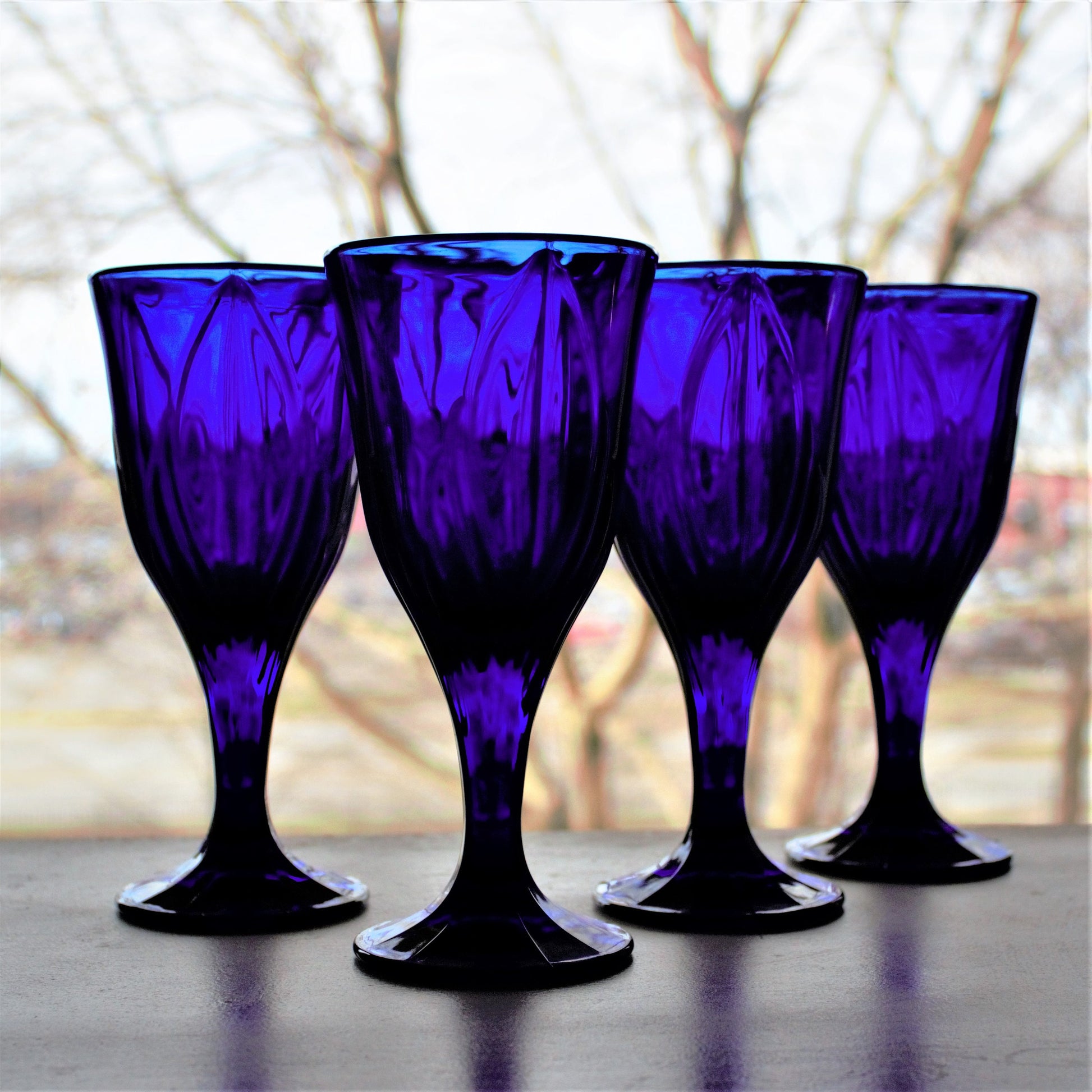 Cobalt Blue Wine Goblets - Set of 4 Vintage Leaf Patterned Stemware