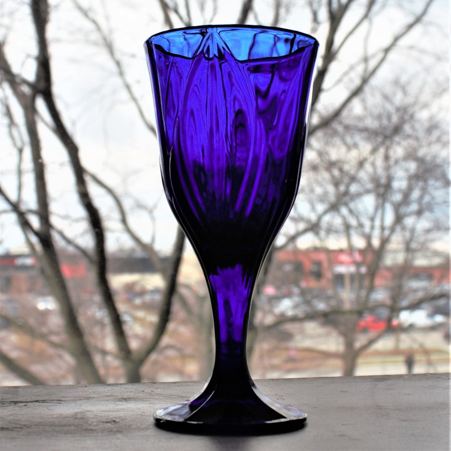 Cobalt Blue Wine Goblets - Set of 4 Vintage Leaf Patterned Stemware