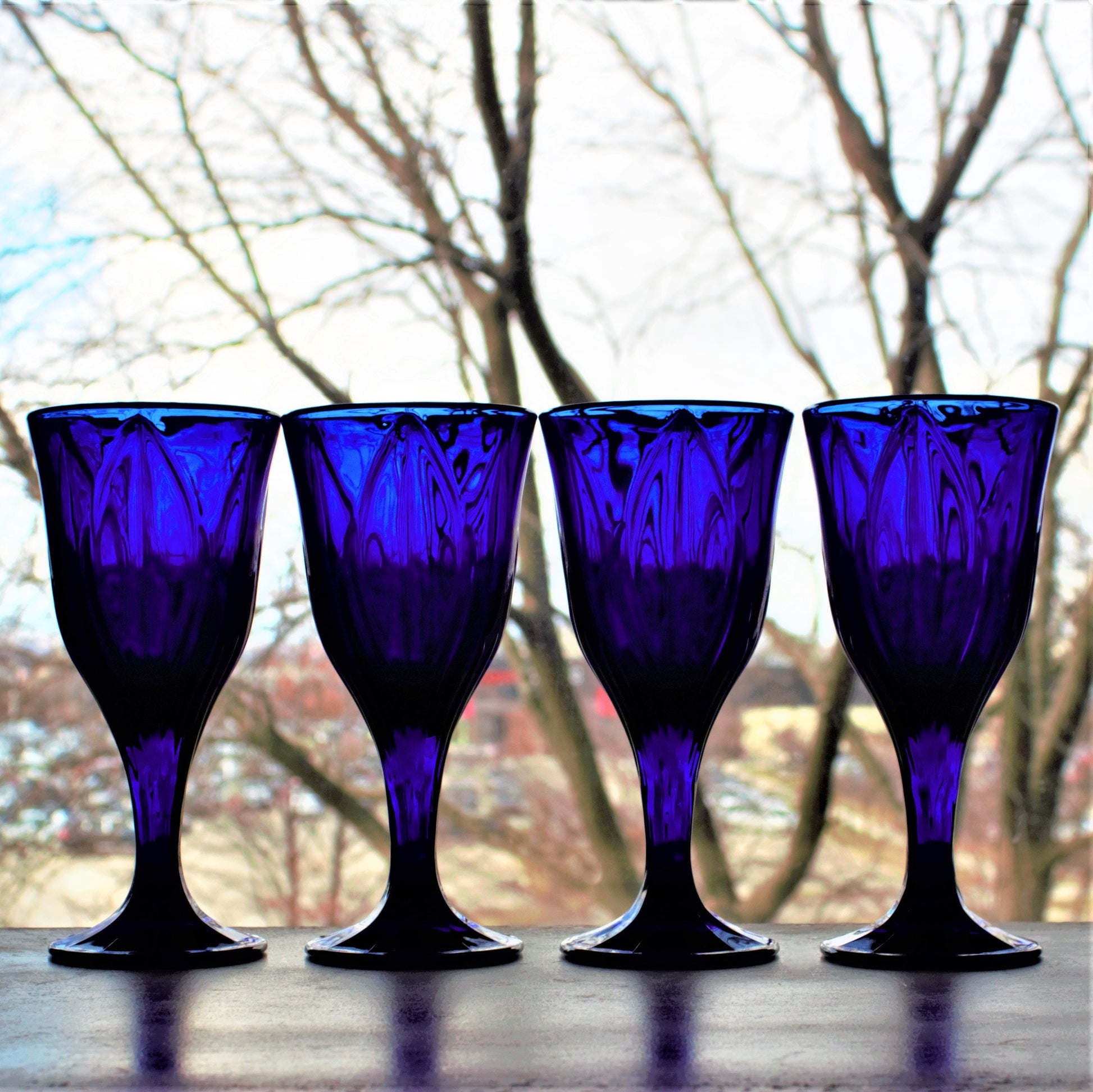 Cobalt Blue Wine Goblets - Set of 4 Vintage Leaf Patterned Stemware