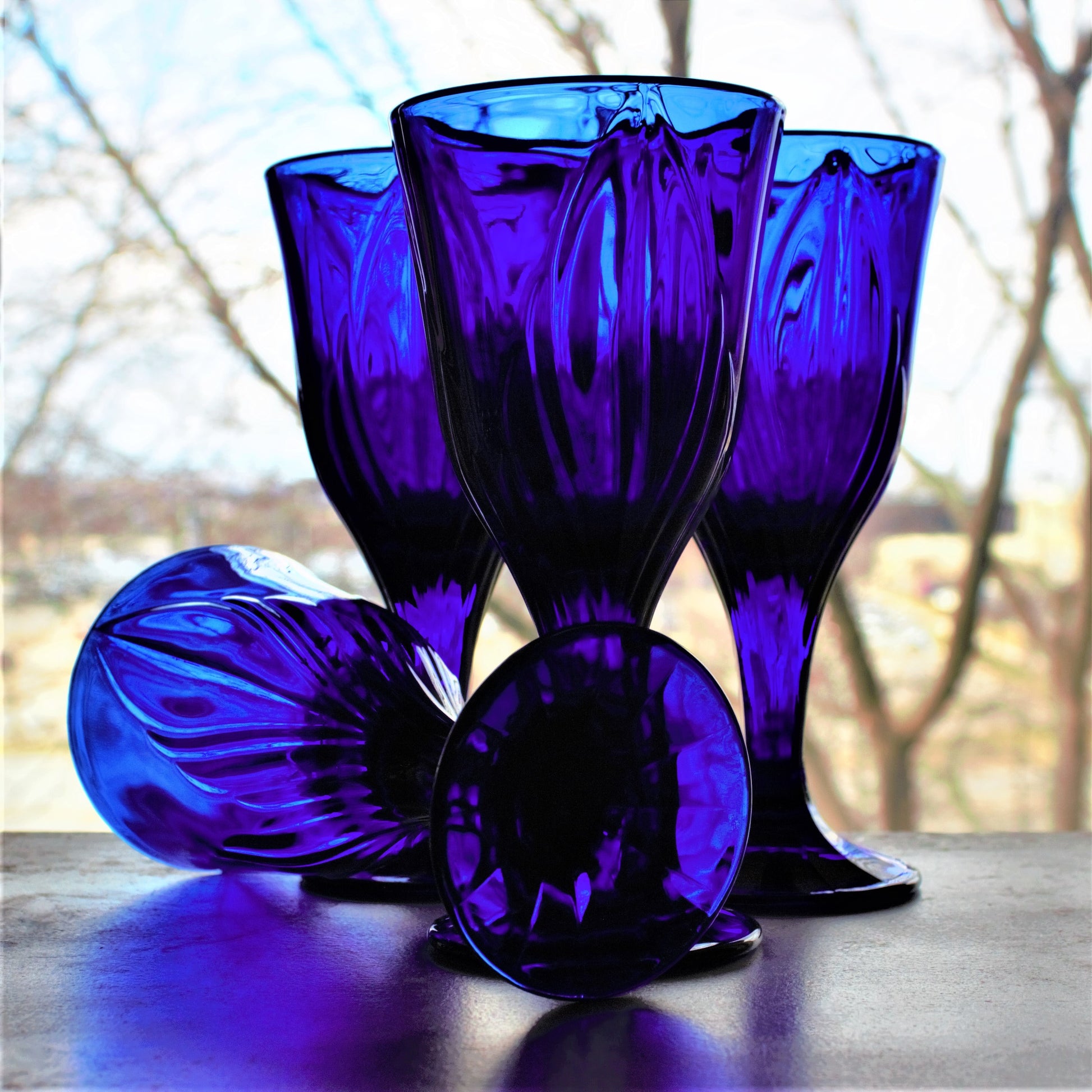 Cobalt Blue Wine Goblets - Set of 4 Vintage Leaf Patterned Stemware