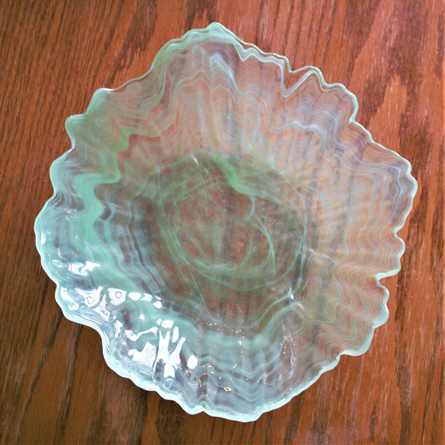 Green Swirl Glass Bowl Set of 4: Scalloped Edge, Unique Salad Bowls