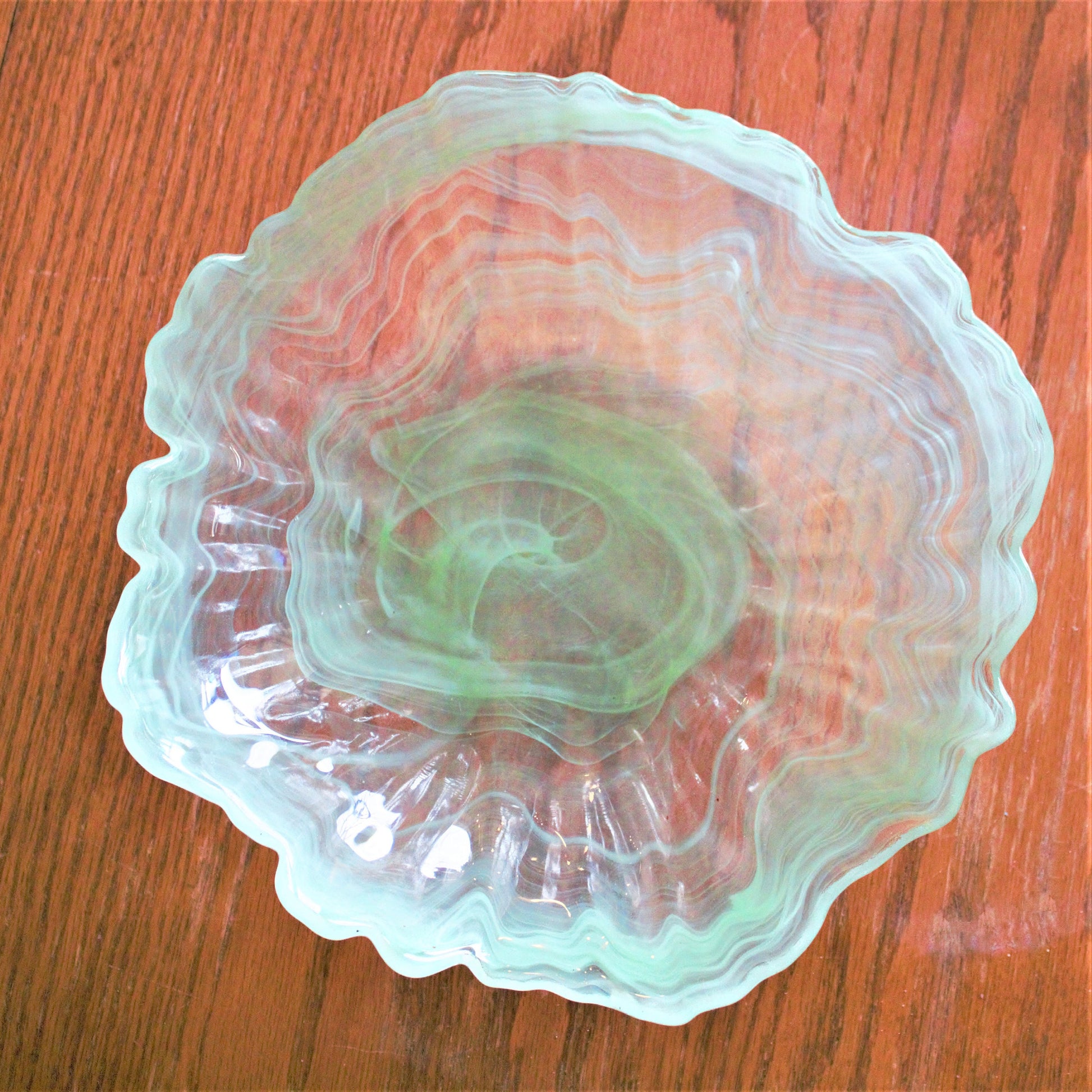 Green Swirl Glass Bowl Set of 4: Scalloped Edge, Unique Salad Bowls