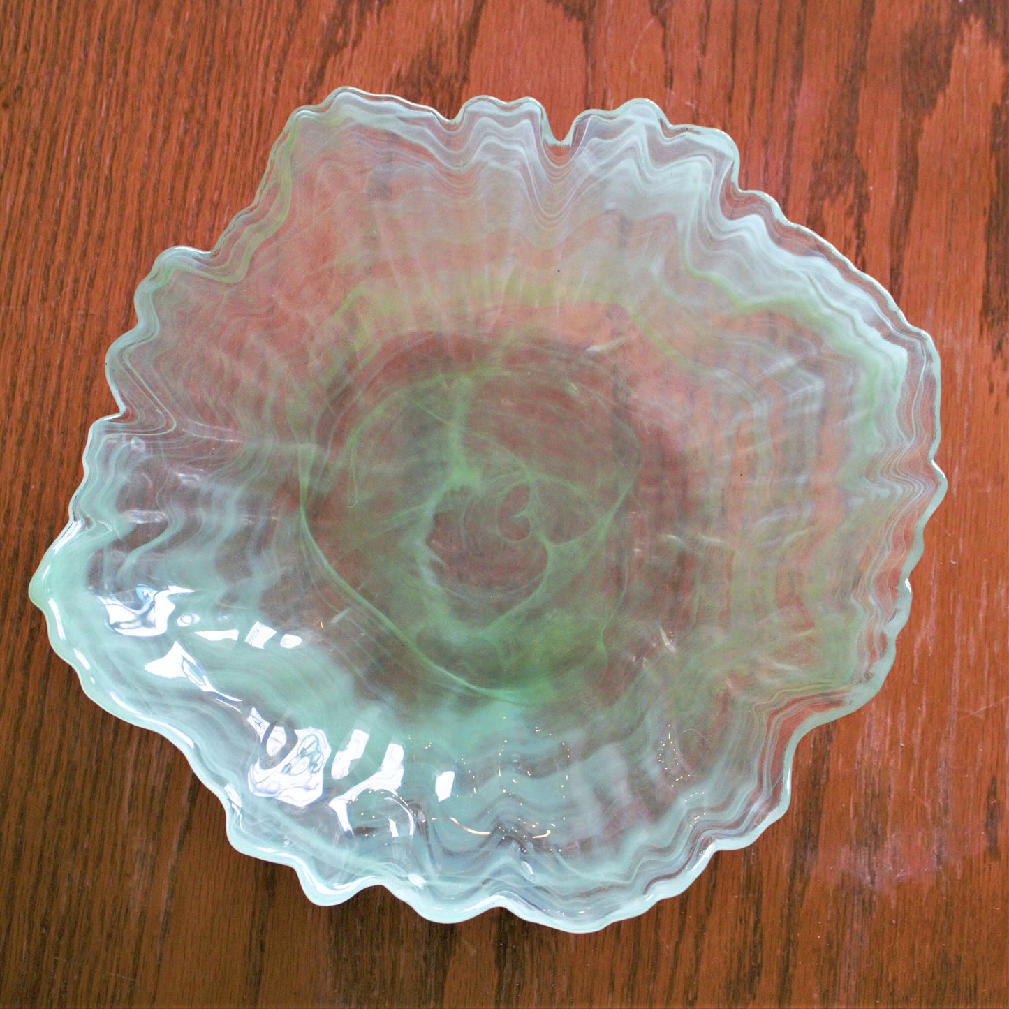 Green Swirl Glass Bowl Set of 4: Scalloped Edge, Unique Salad Bowls