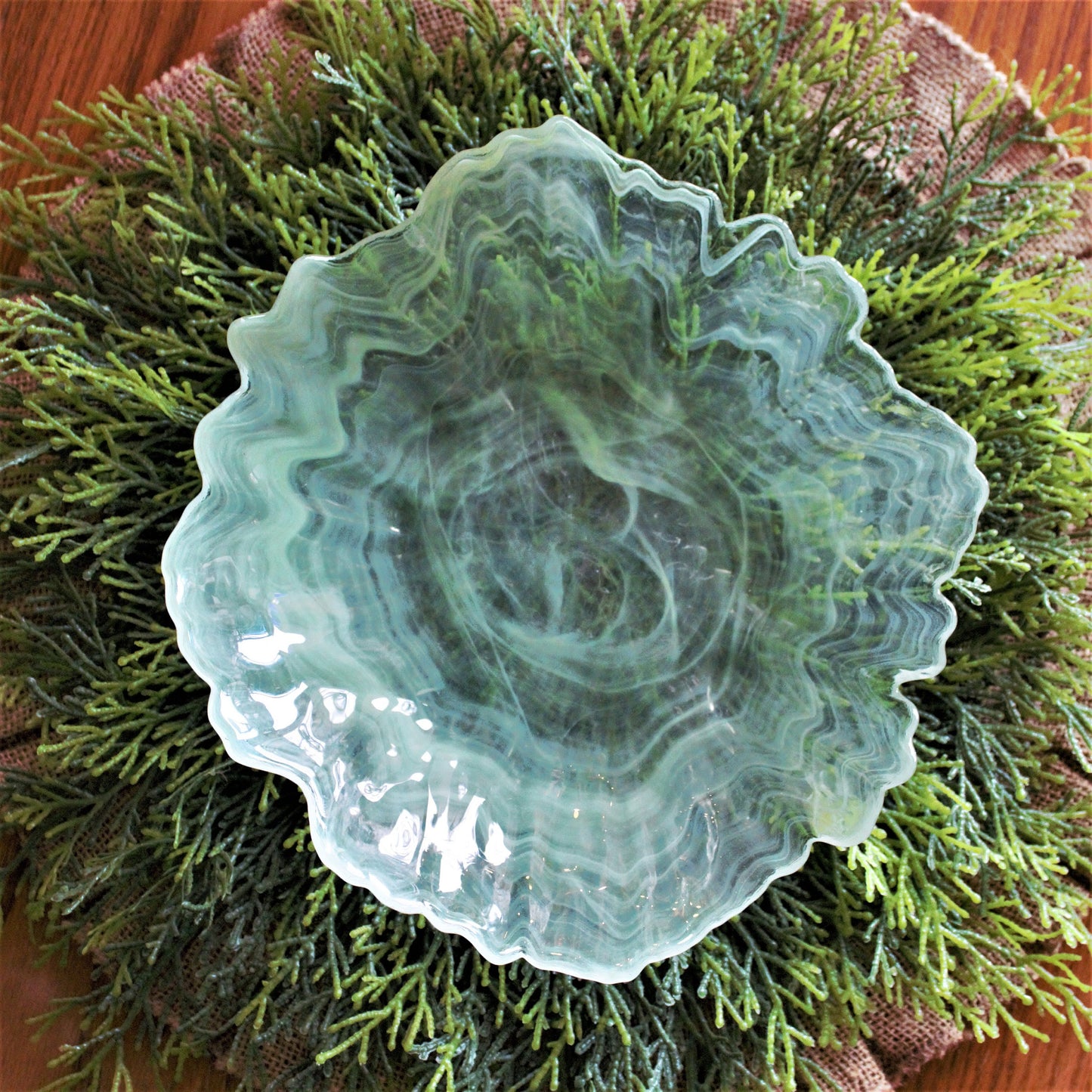 Green Swirl Glass Bowl Set of 4: Scalloped Edge, Unique Salad Bowls