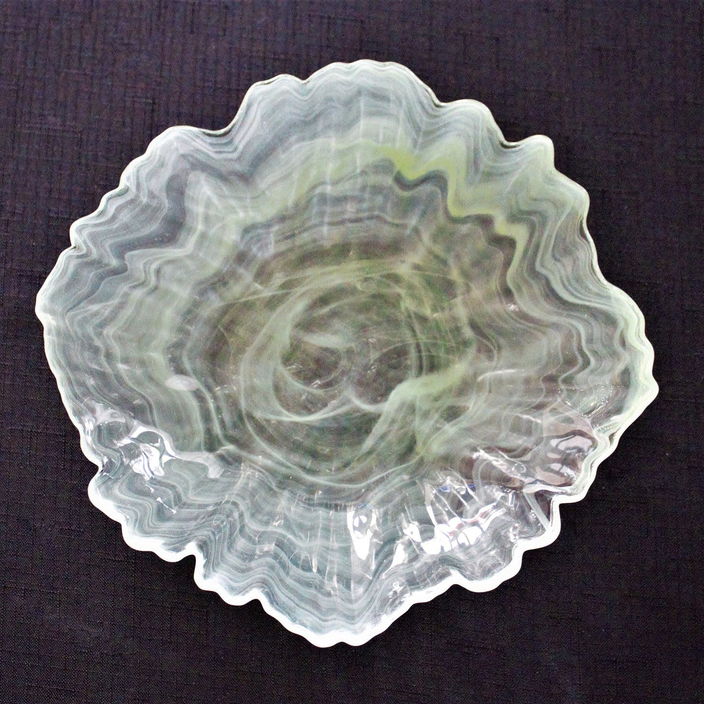 Green Swirl Glass Bowl Set of 4: Scalloped Edge, Unique Salad Bowls